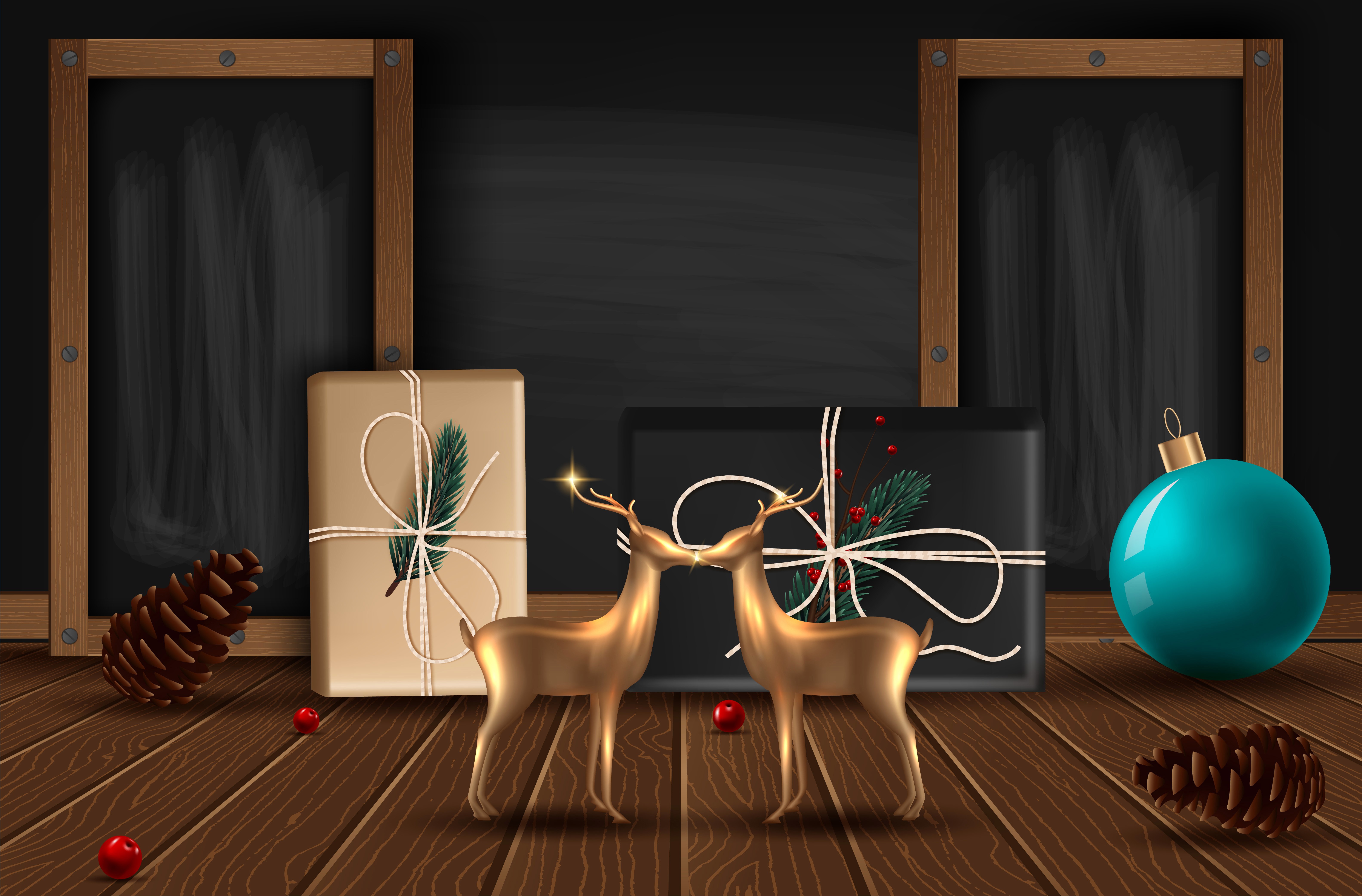 Christmas scene with deer, gifts, and pine cones HD Wallpaper