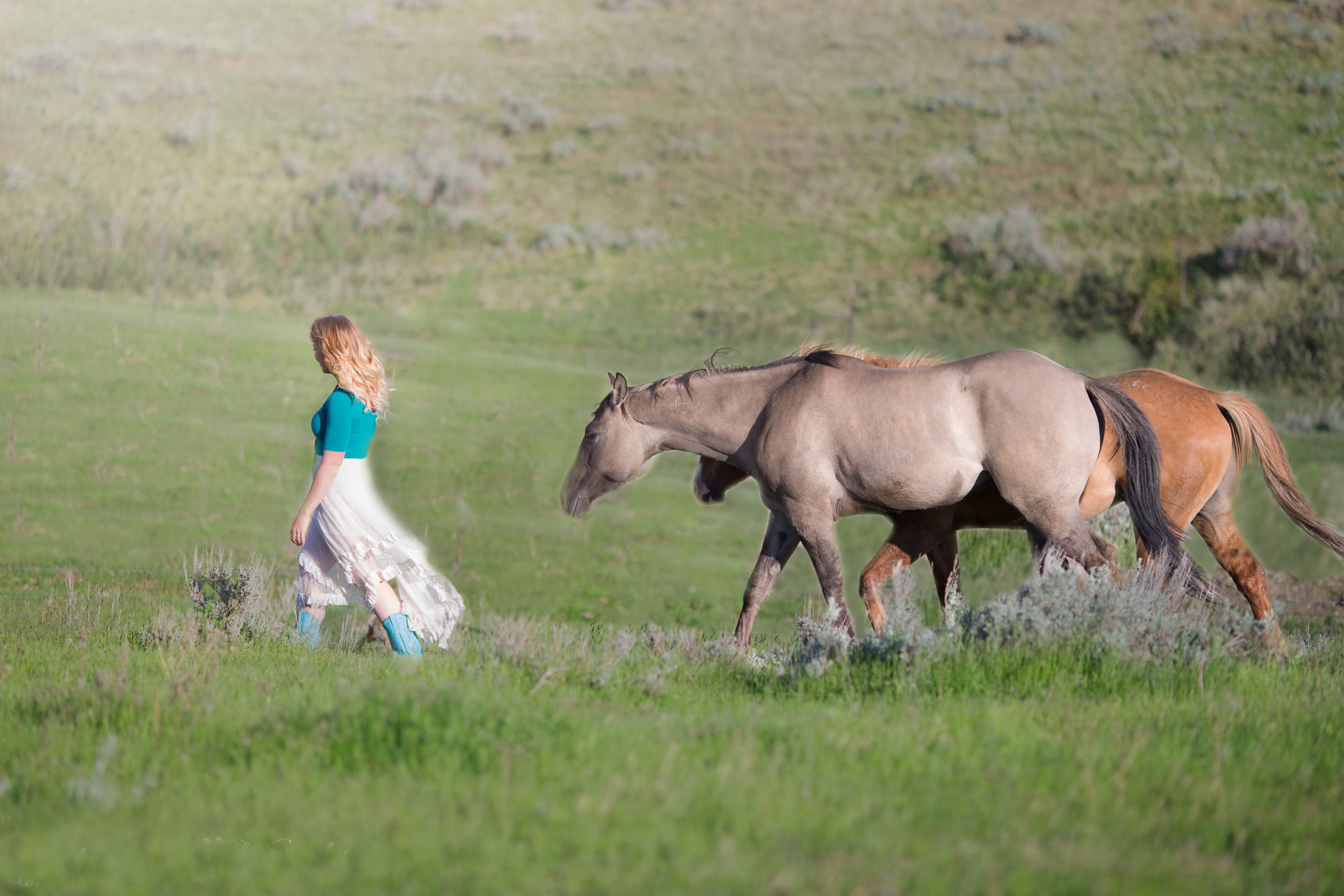 Blonde girl walking with horses in a grassy field HD Wallpaper