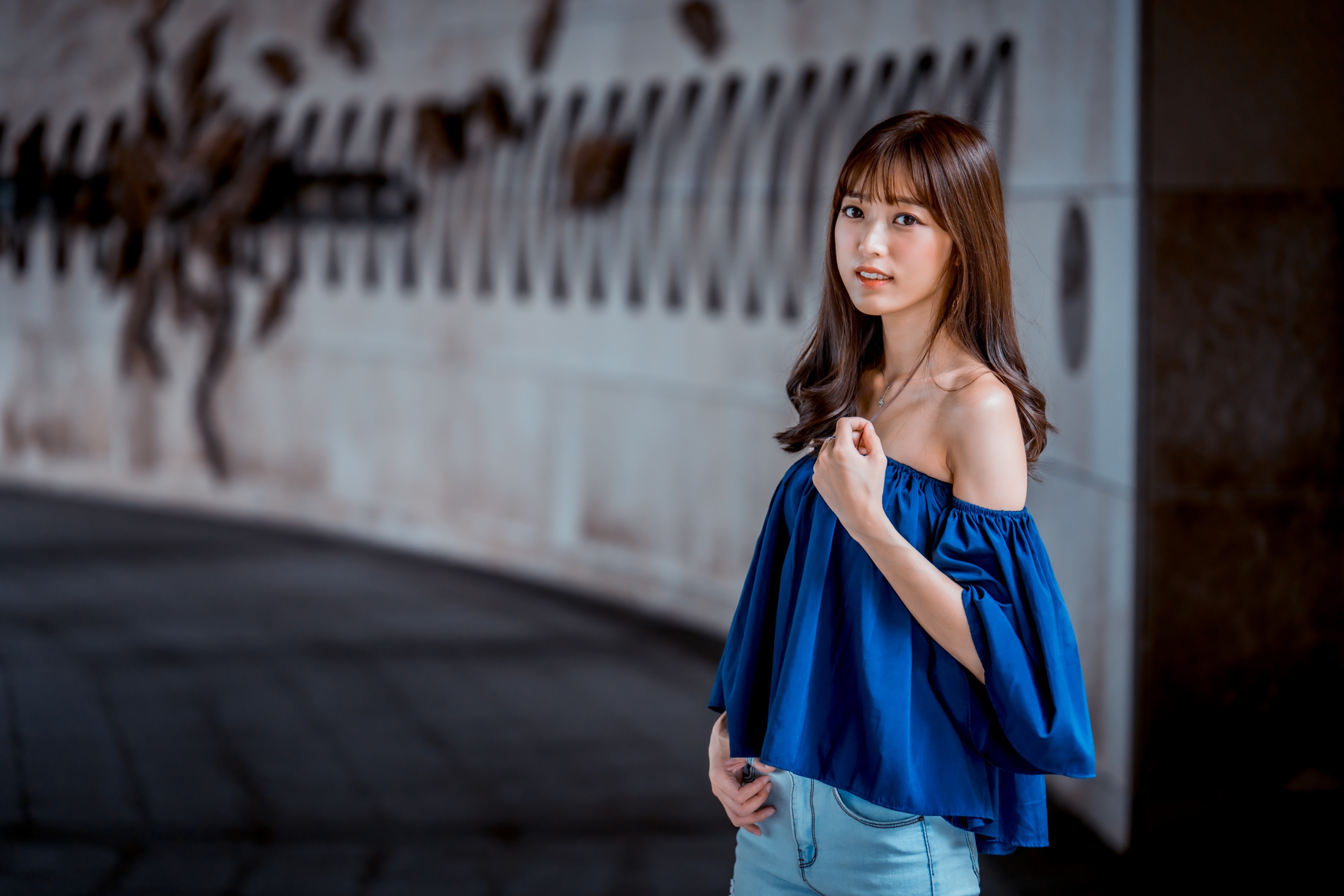 Asian woman with brown hair wearing a blue off-the-shoulder top HD Wallpaper