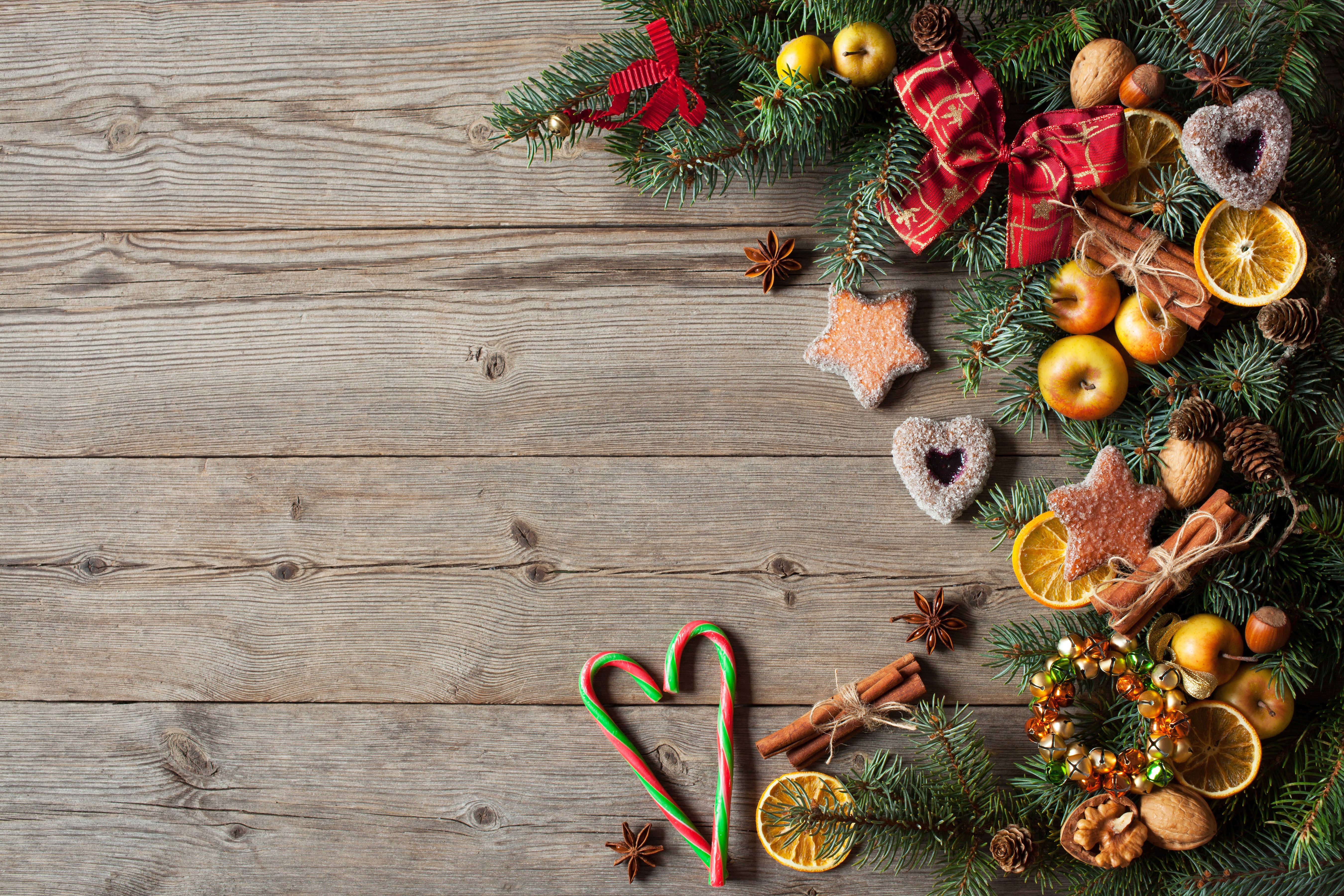 Christmas Decorations on Wood Planks HD Wallpaper