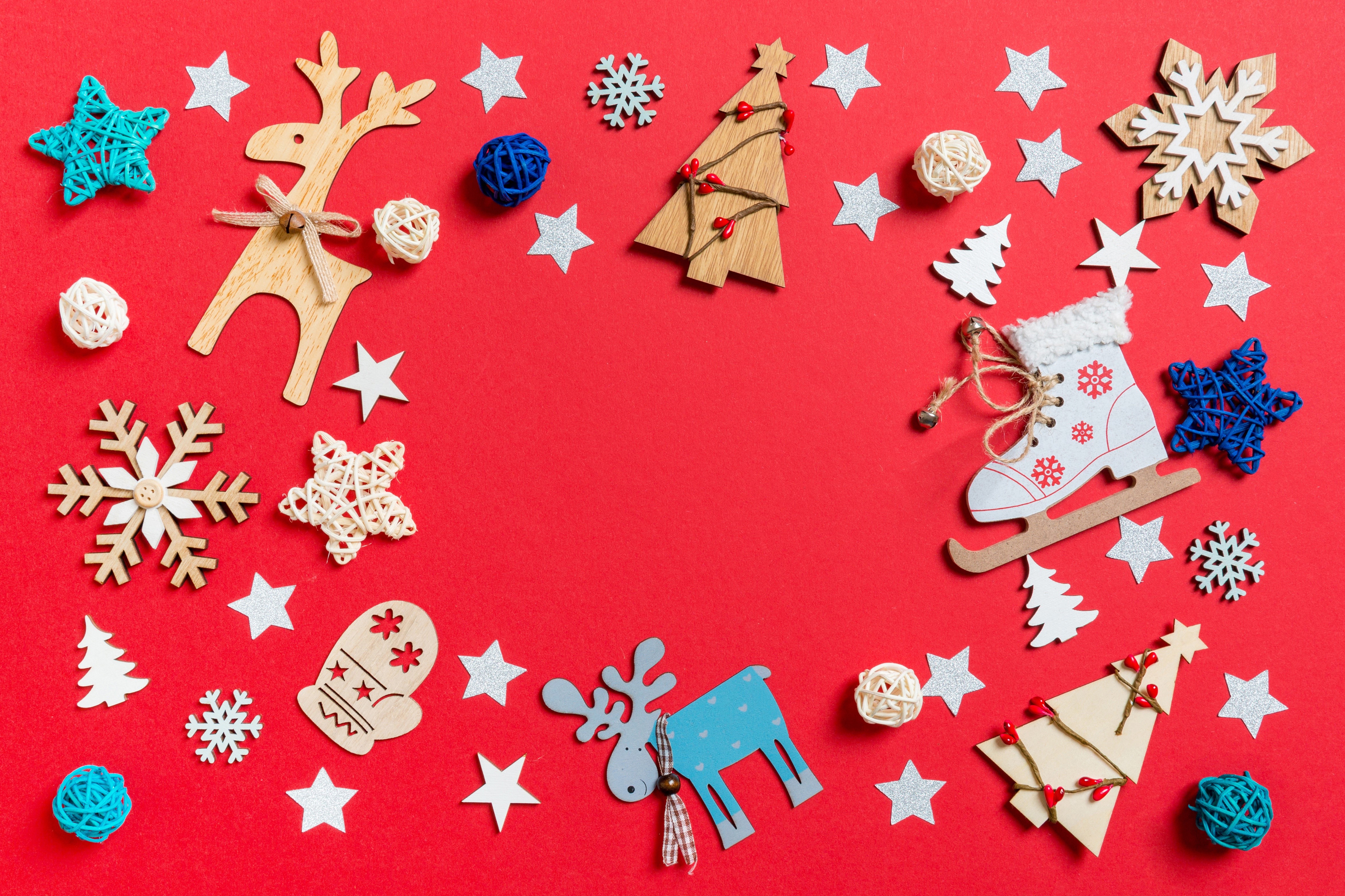 Christmas Decorations on Red Background HD Wallpaper