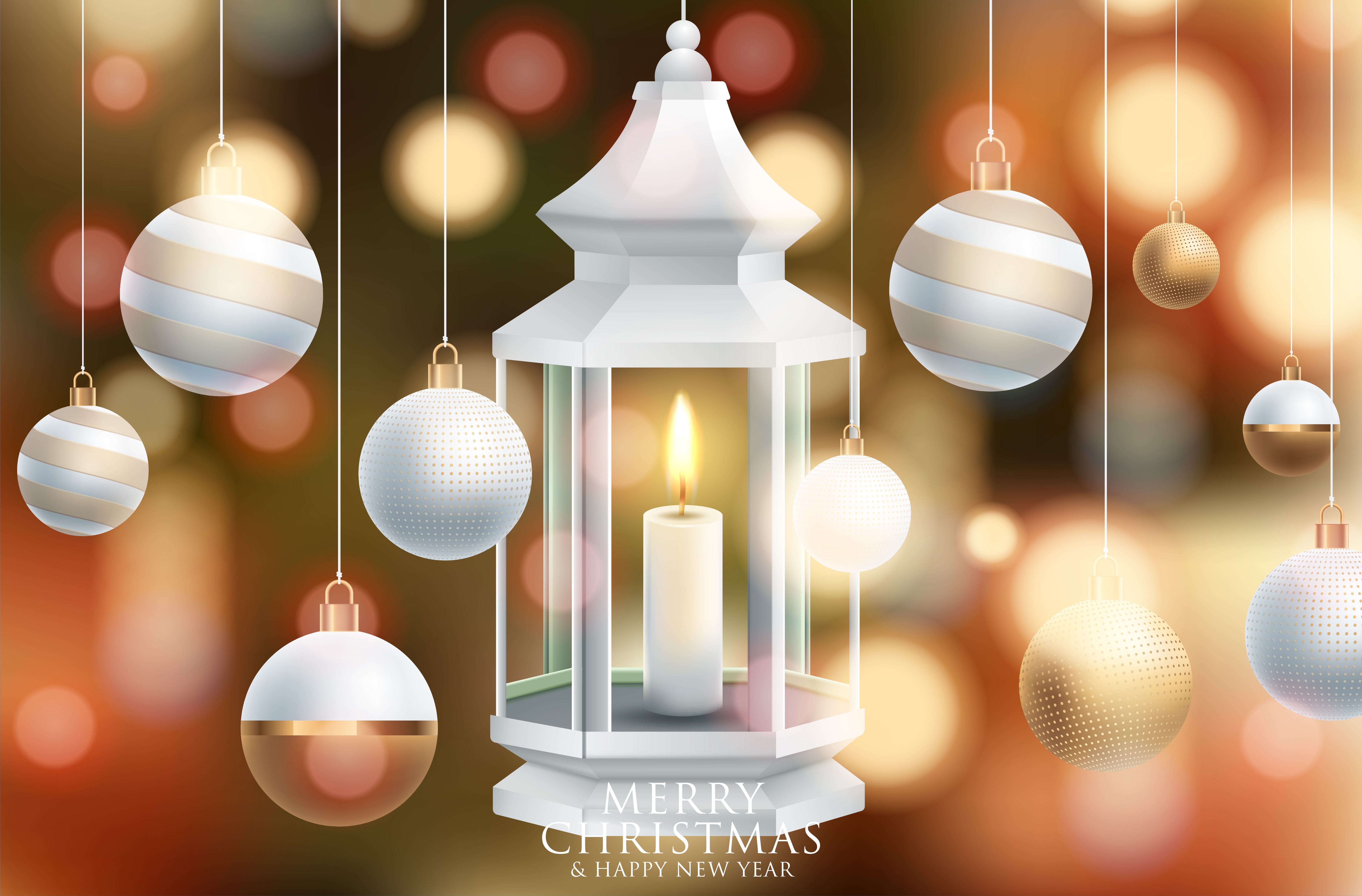 Christmas lantern with candle and ornaments HD Wallpaper