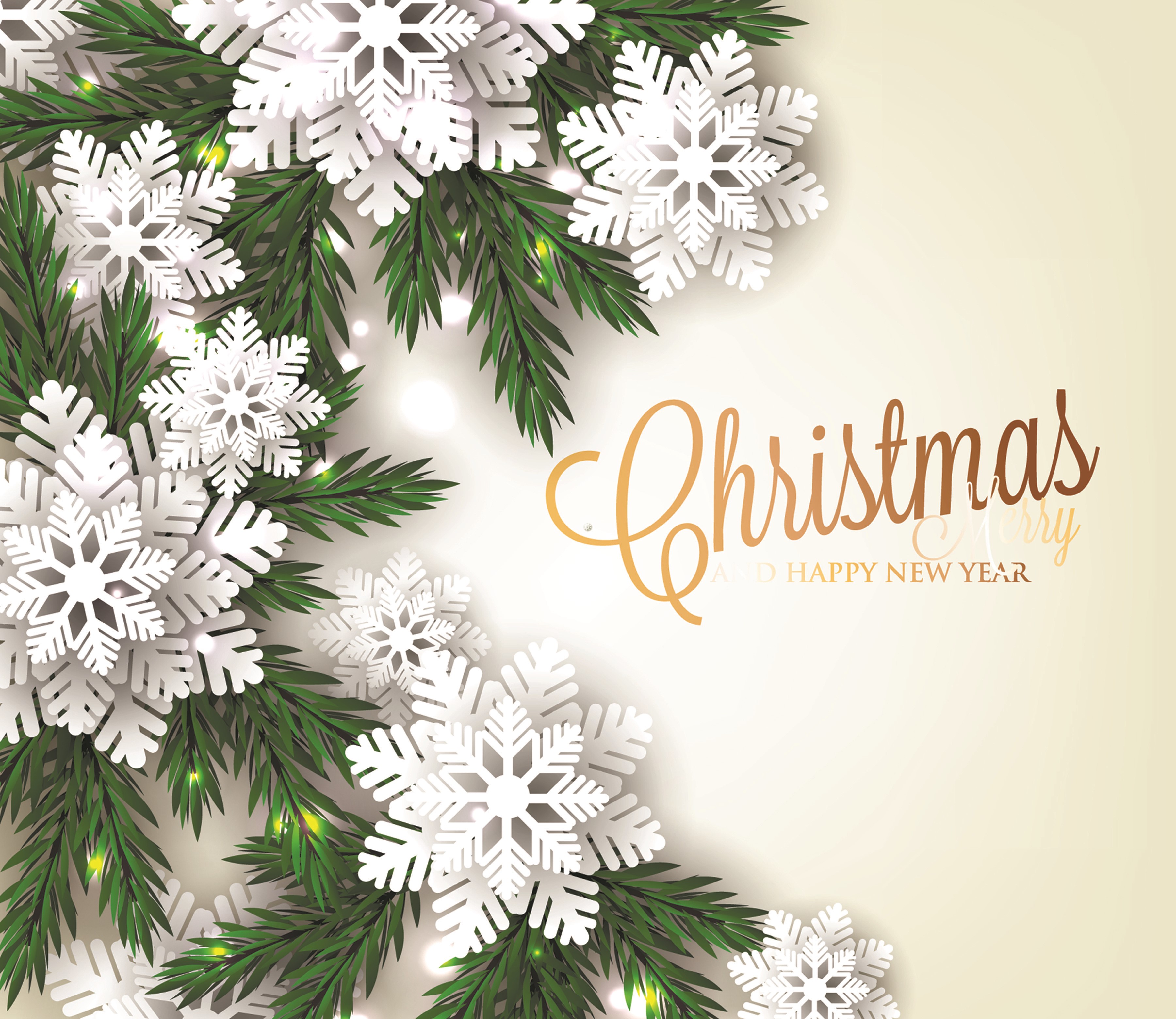 Christmas and Happy New Year greeting card with snowflakes and fir branches HD Wallpaper