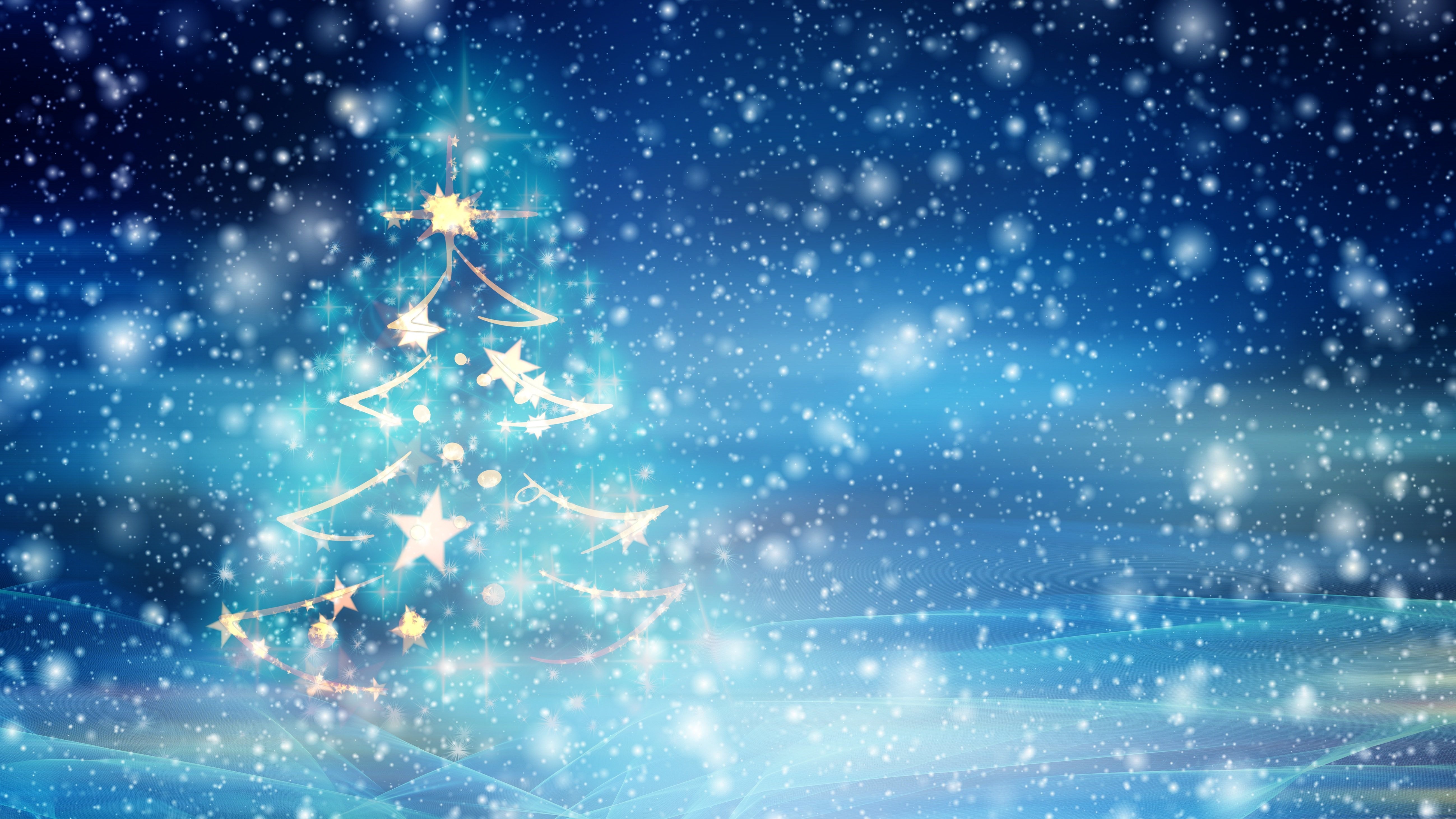 Christmas tree with star decorations in snowfall HD Wallpaper