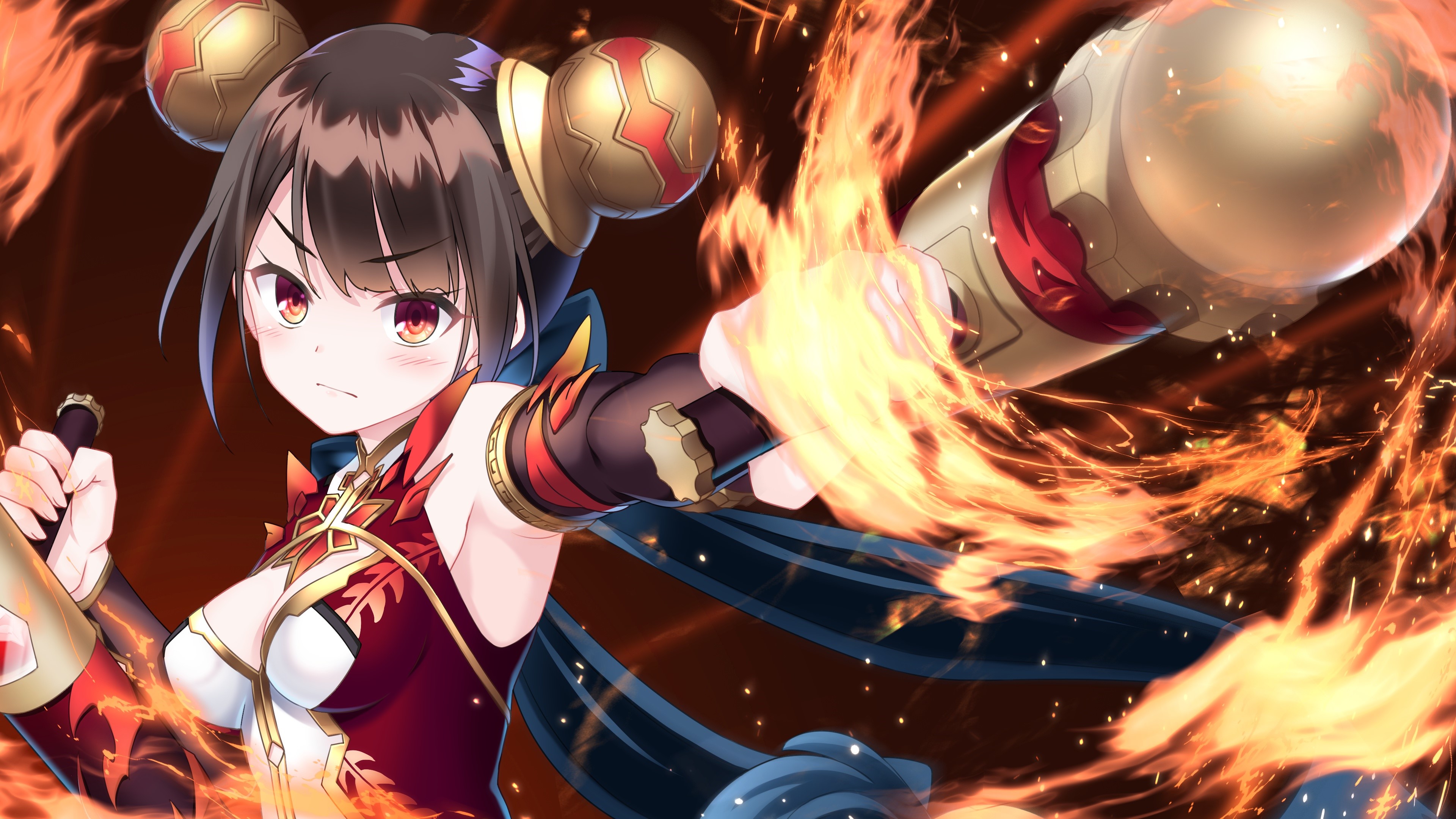 Girl with brown hair and fire HD Wallpaper