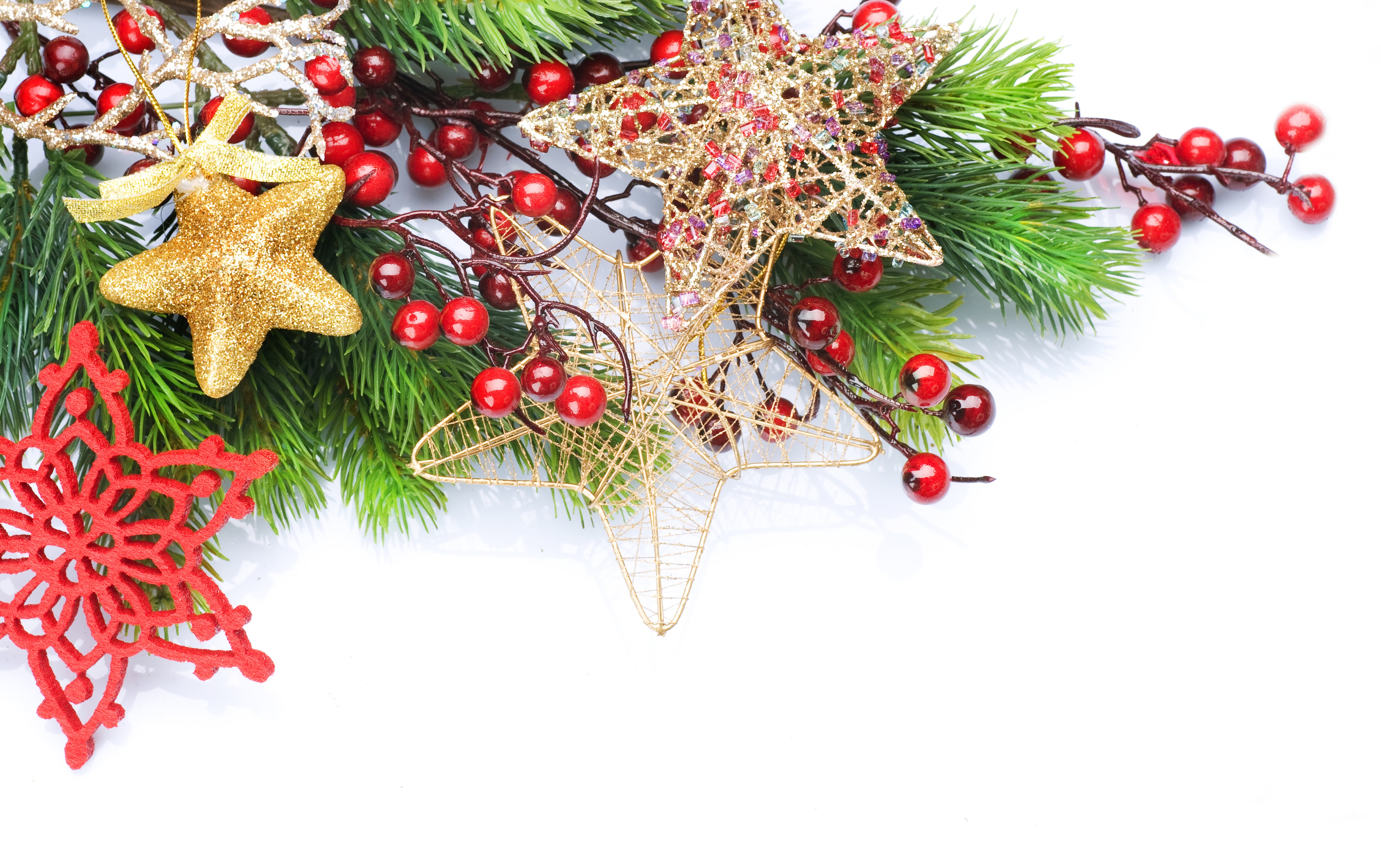 Christmas decoration with pine branches, berries, and stars HD Wallpaper