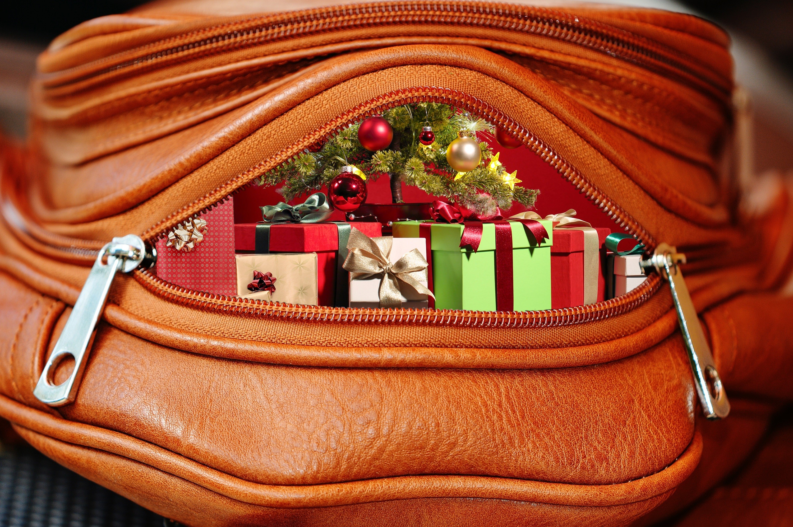 Christmas gifts and tree inside a handbag HD Wallpaper