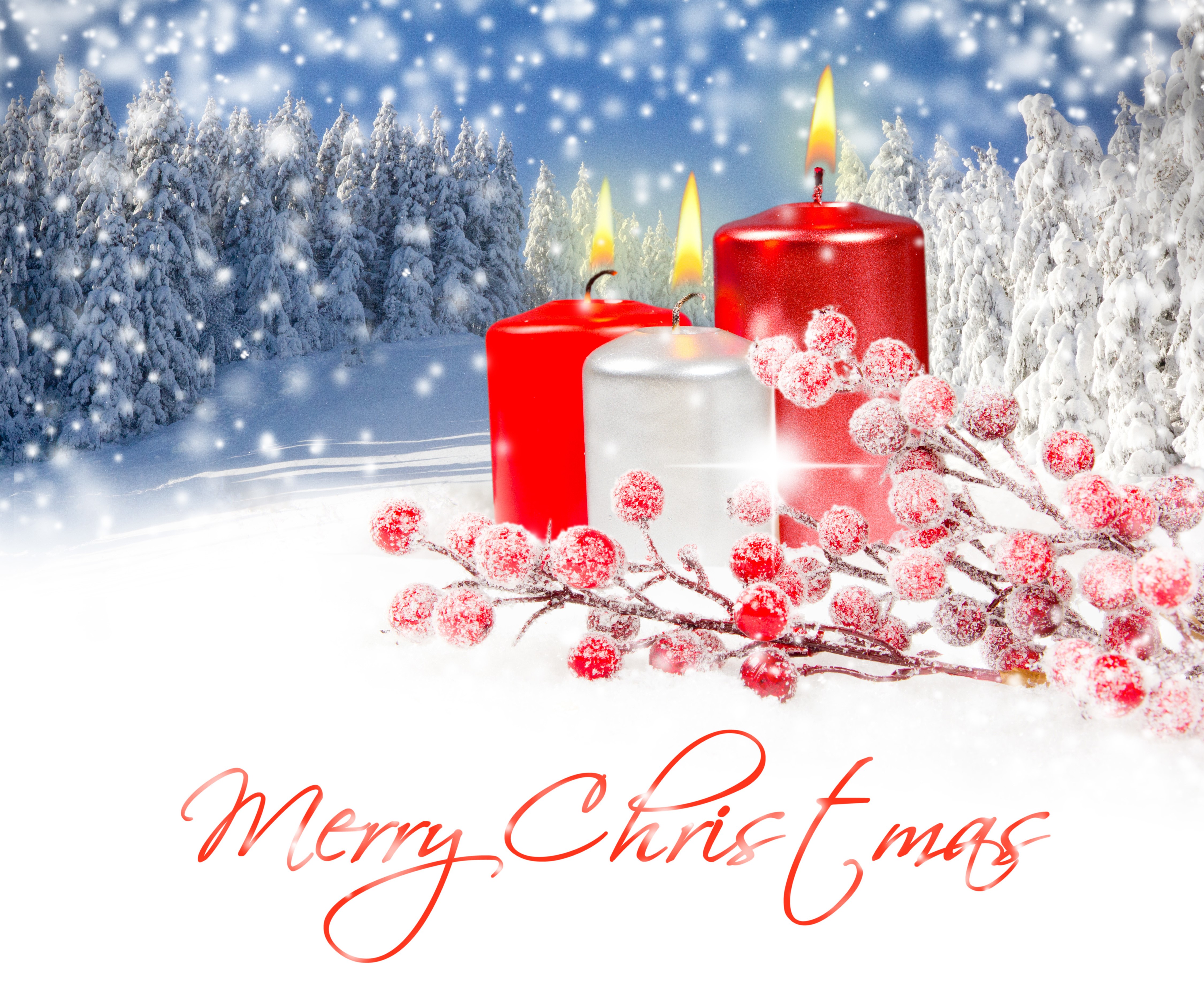 Christmas scene with candles and snow HD Wallpaper