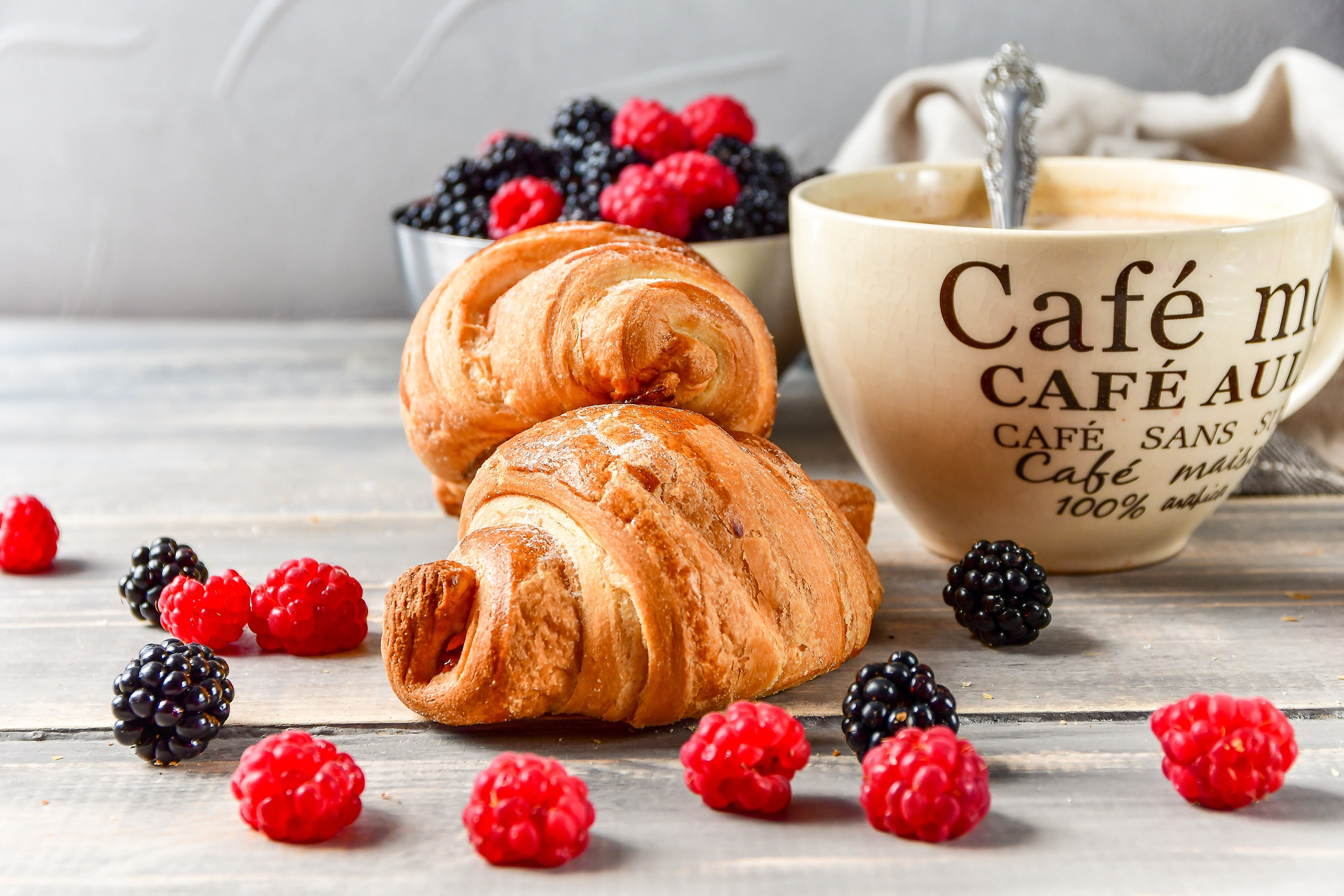Croissants with Berries and Coffee HD Wallpaper