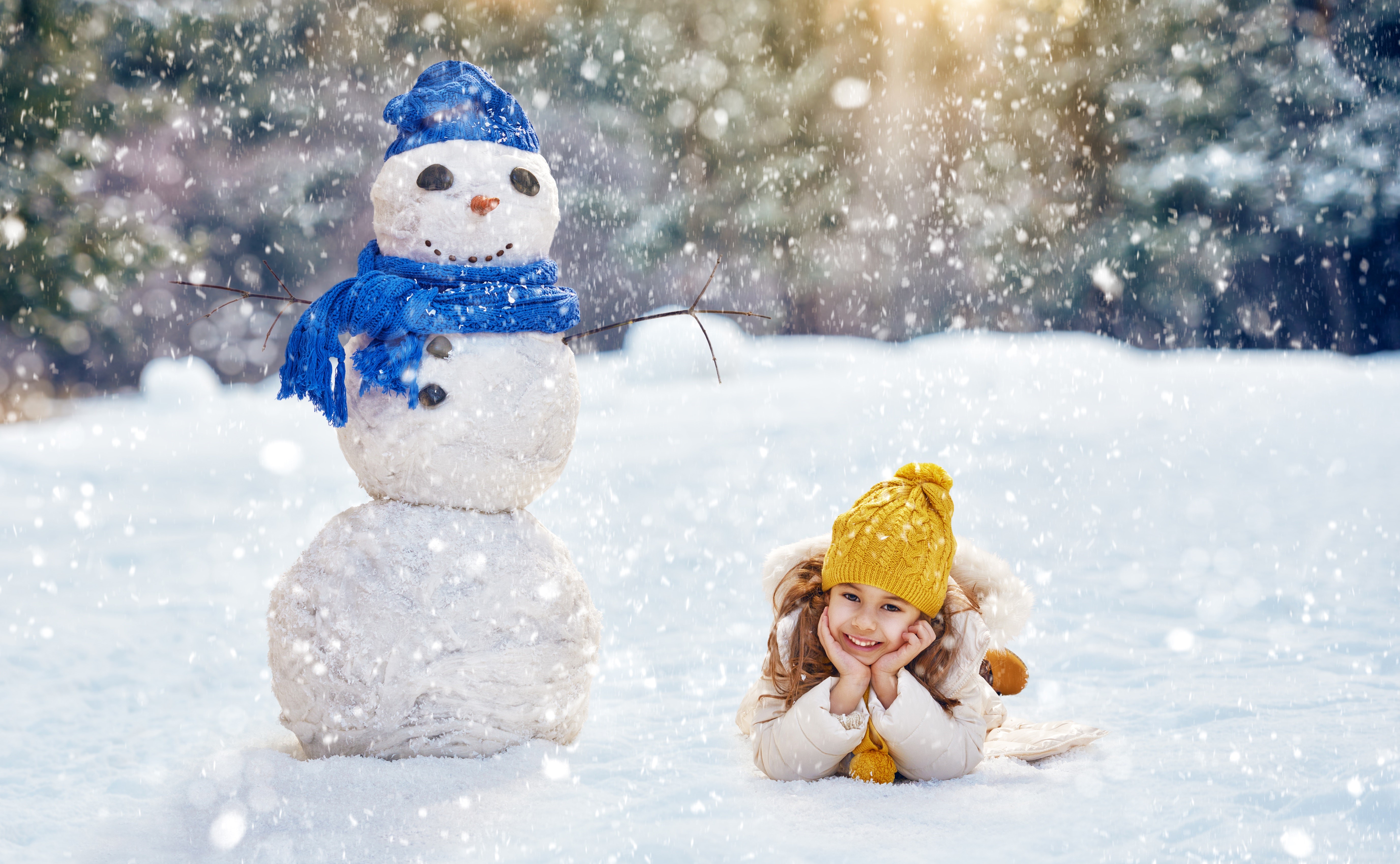 Girl with Snowman in Winter Snowfall HD Wallpaper