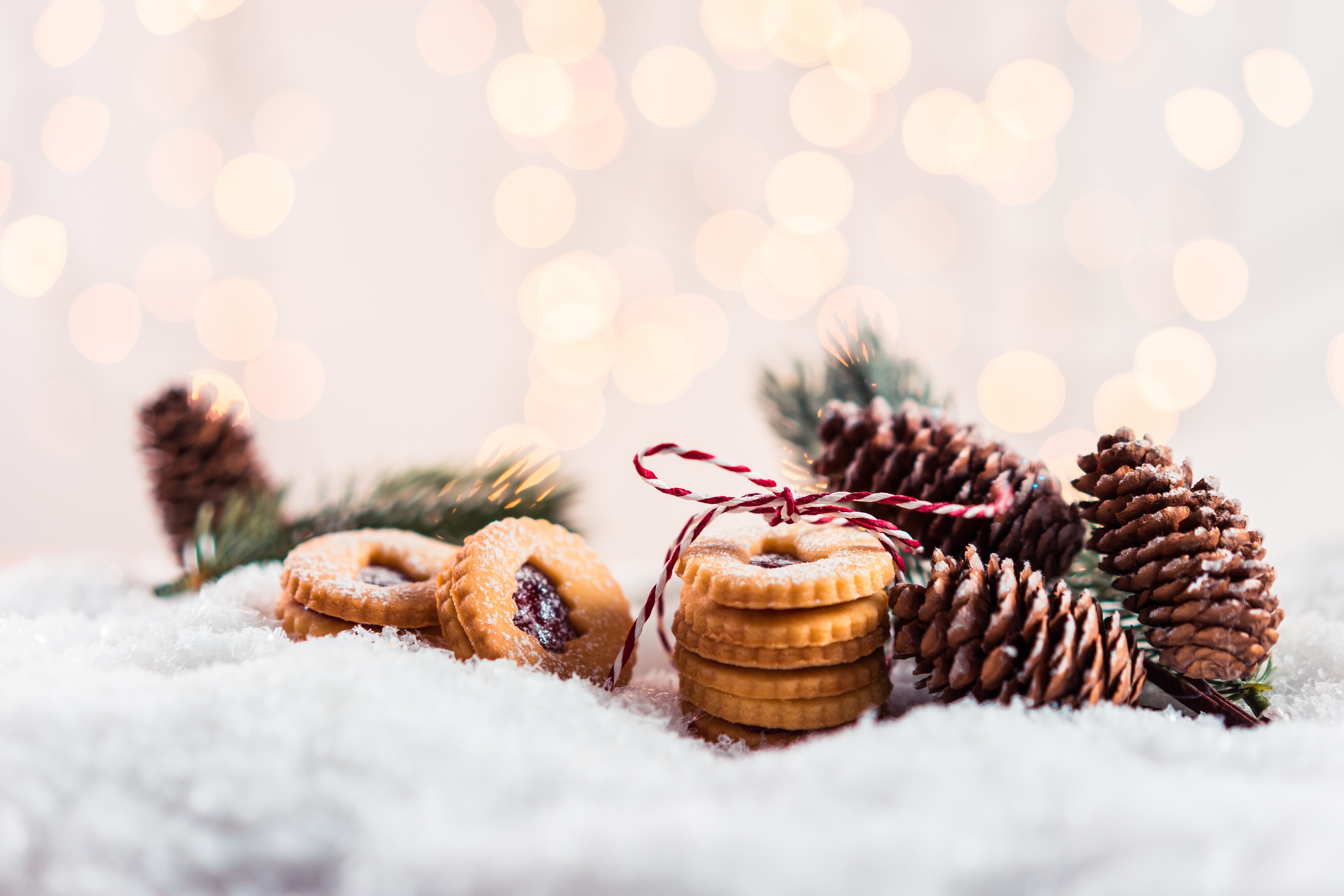 Christmas cookies with pine cones and snow HD Wallpaper