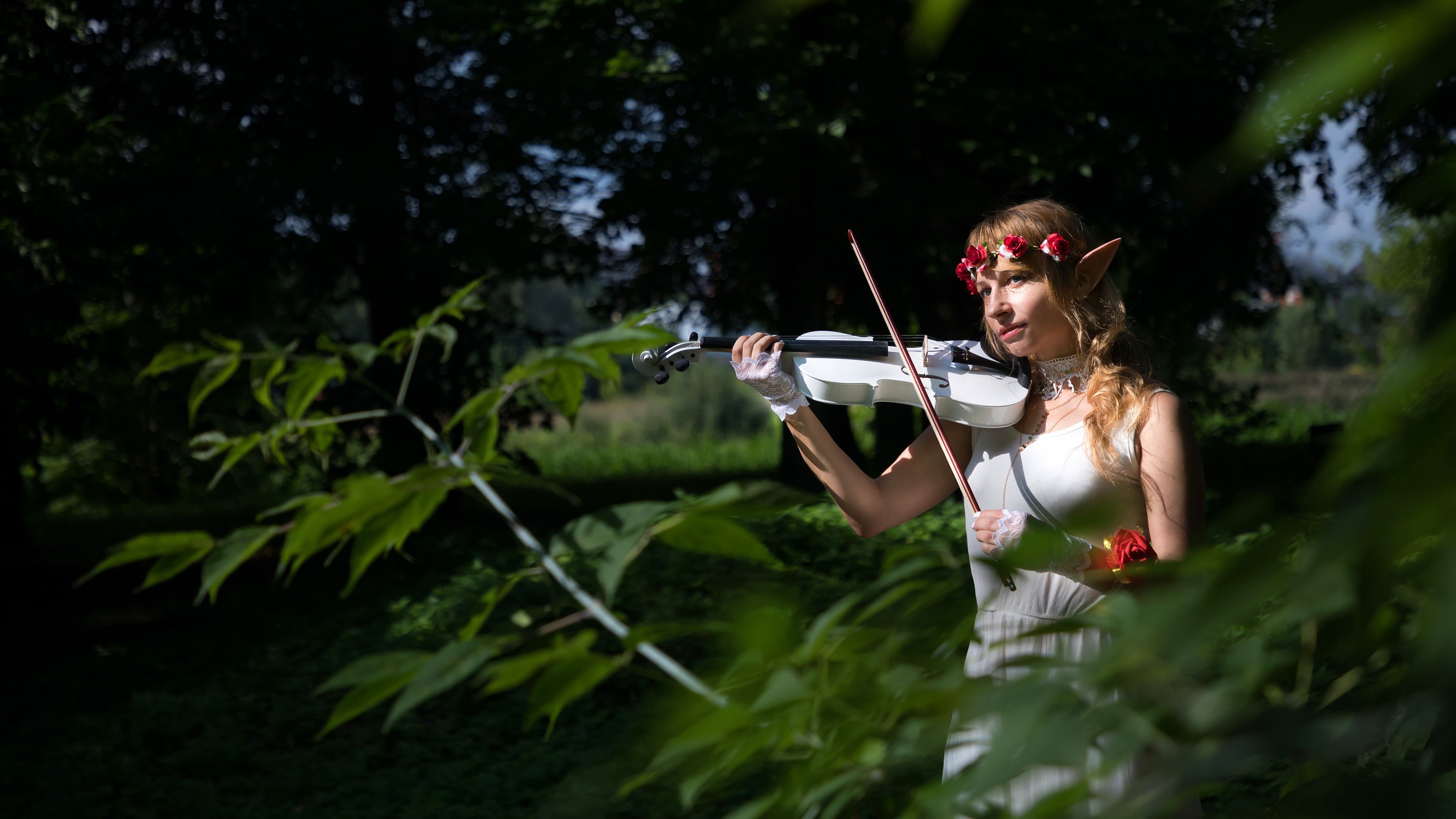 Elf with Violin in Forest HD Wallpaper