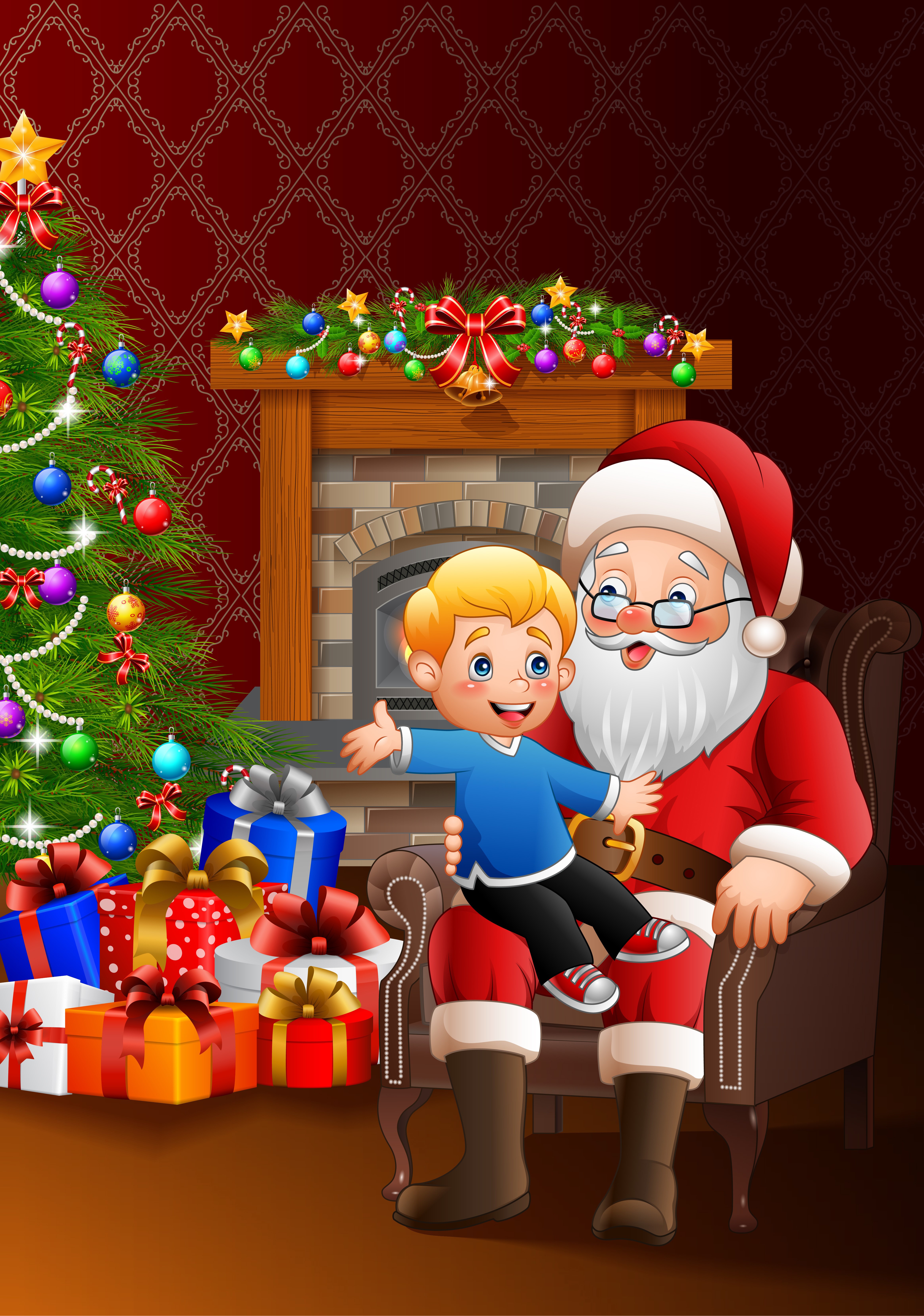 Santa Claus with a Boy and Christmas Gifts HD Phone Wallpaper