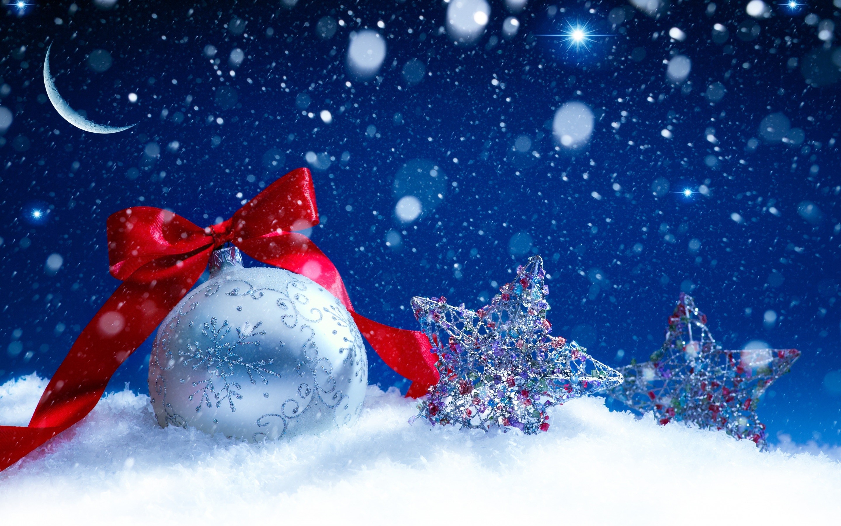 Christmas ornaments and stars in the snow HD Wallpaper