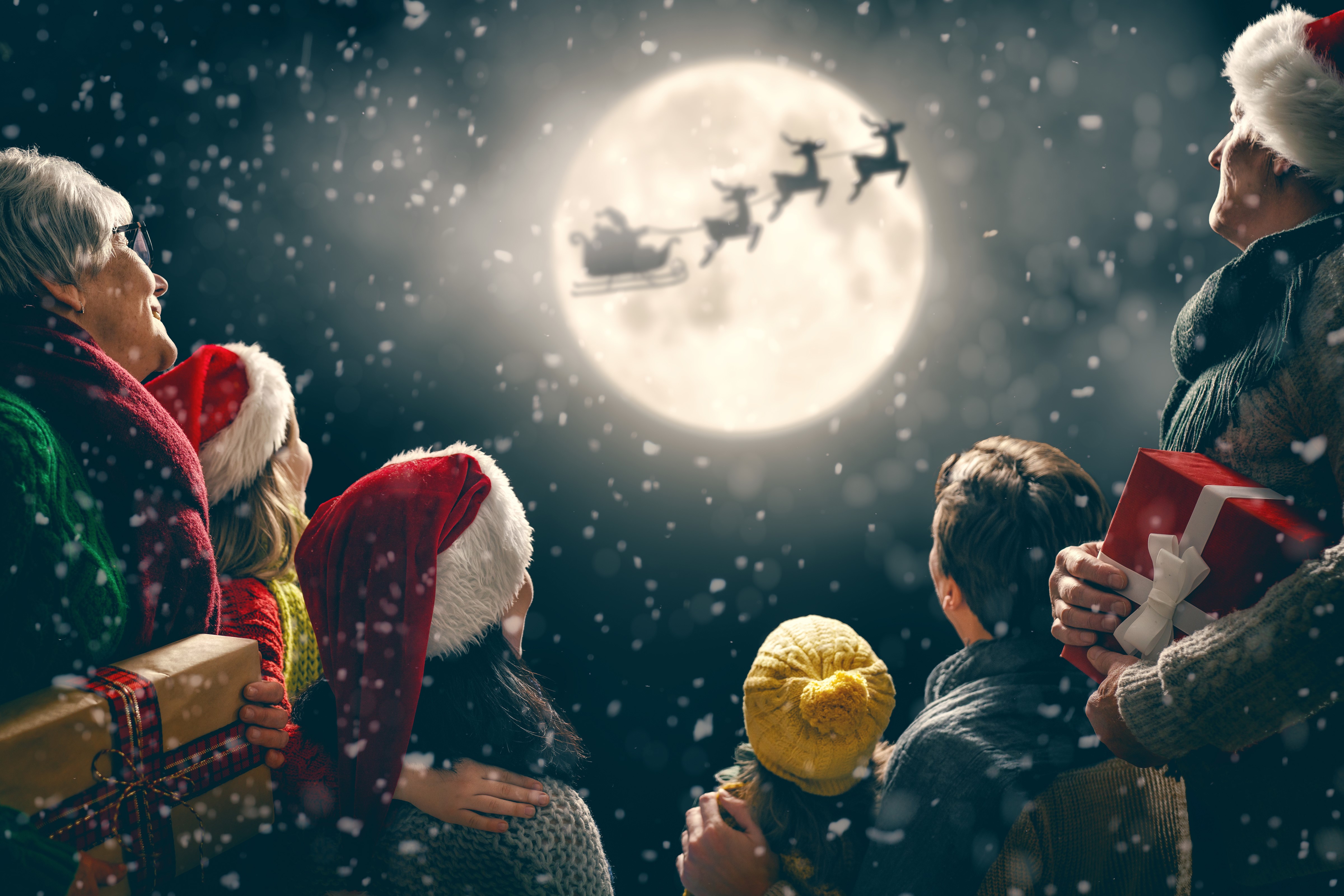 Family watching Santa Claus and reindeer in the moonlit sky HD Wallpaper