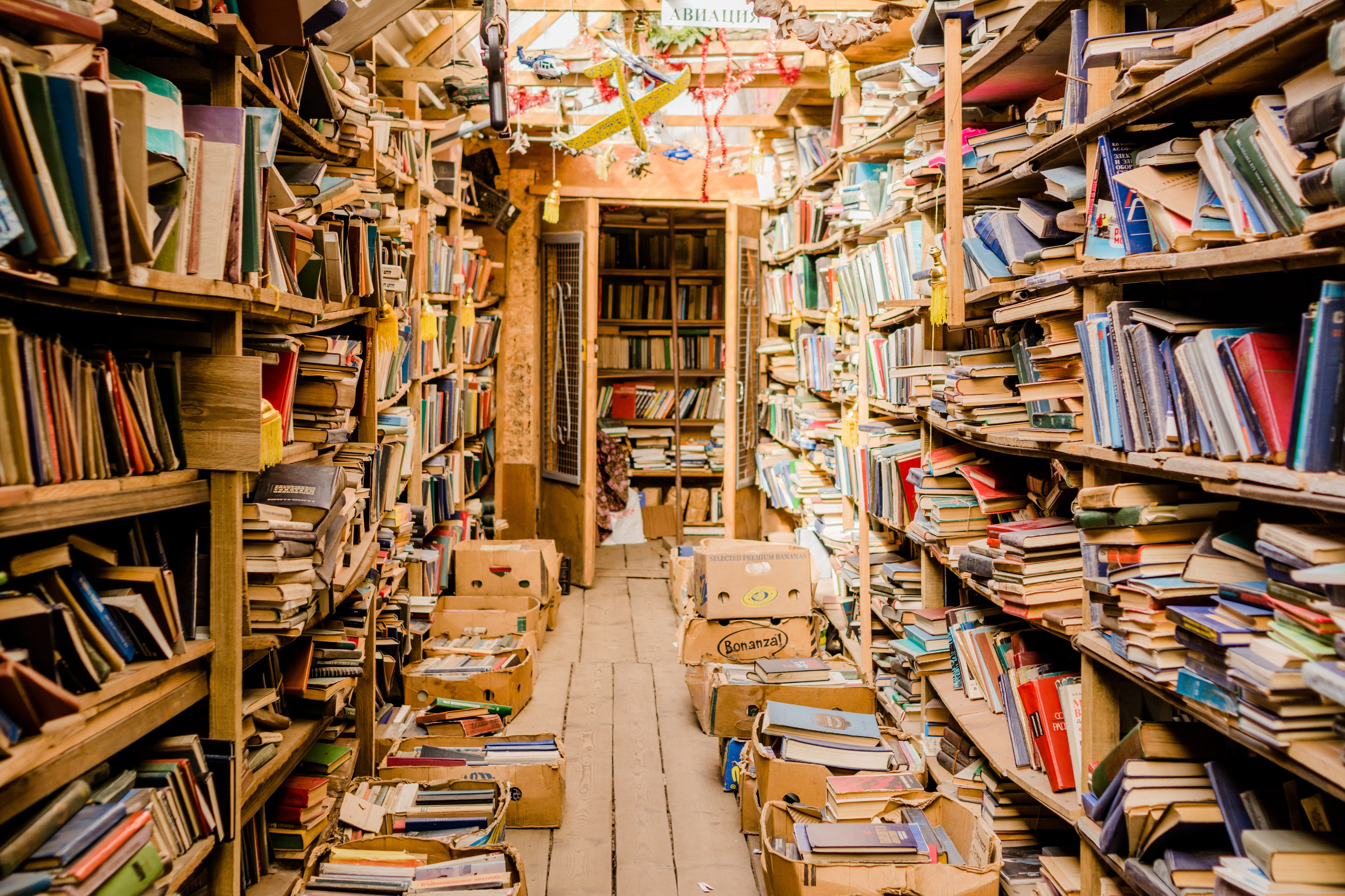 A cluttered library filled with many books HD Wallpaper