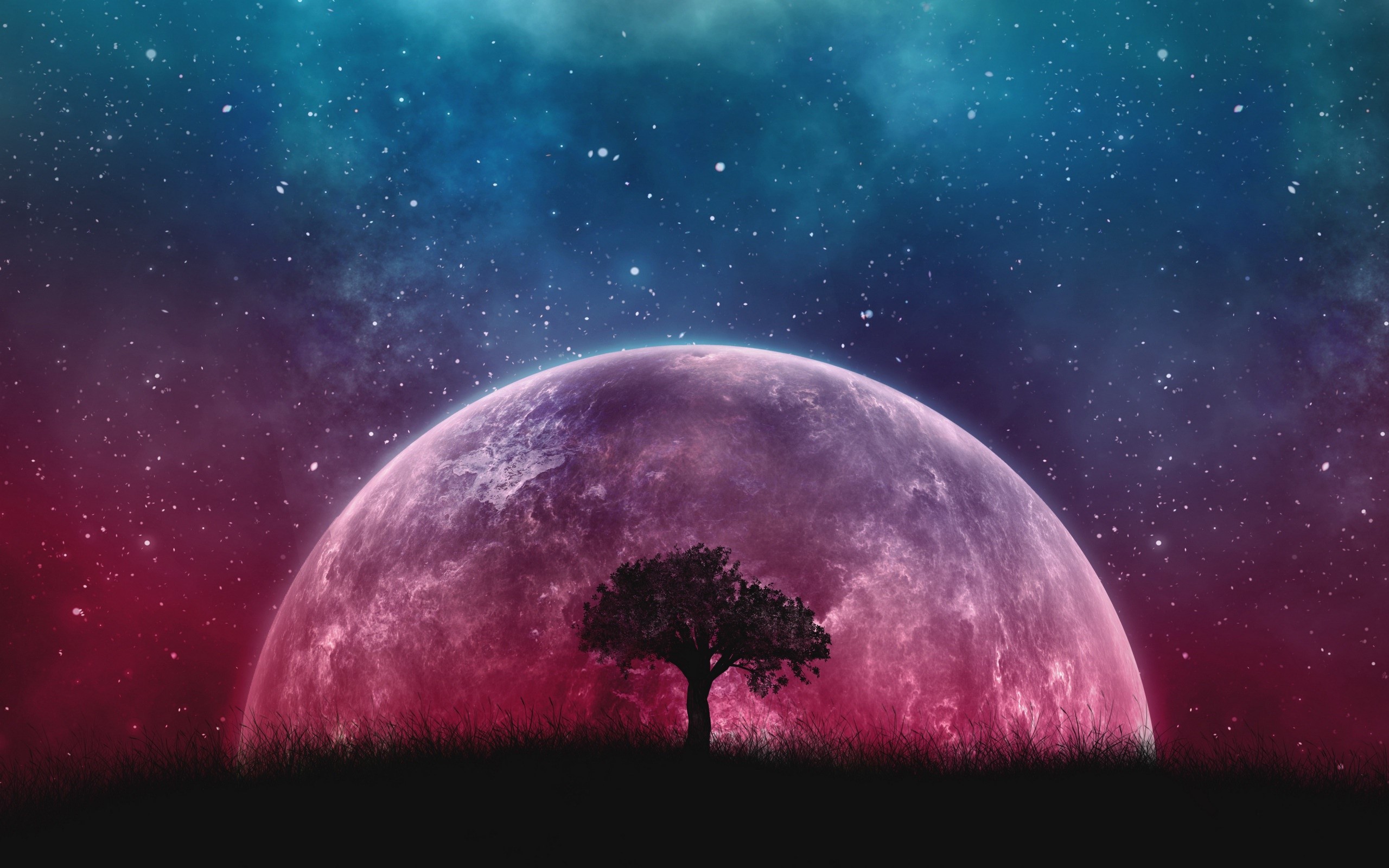Planet and Tree Under Starry Sky HD Wallpaper