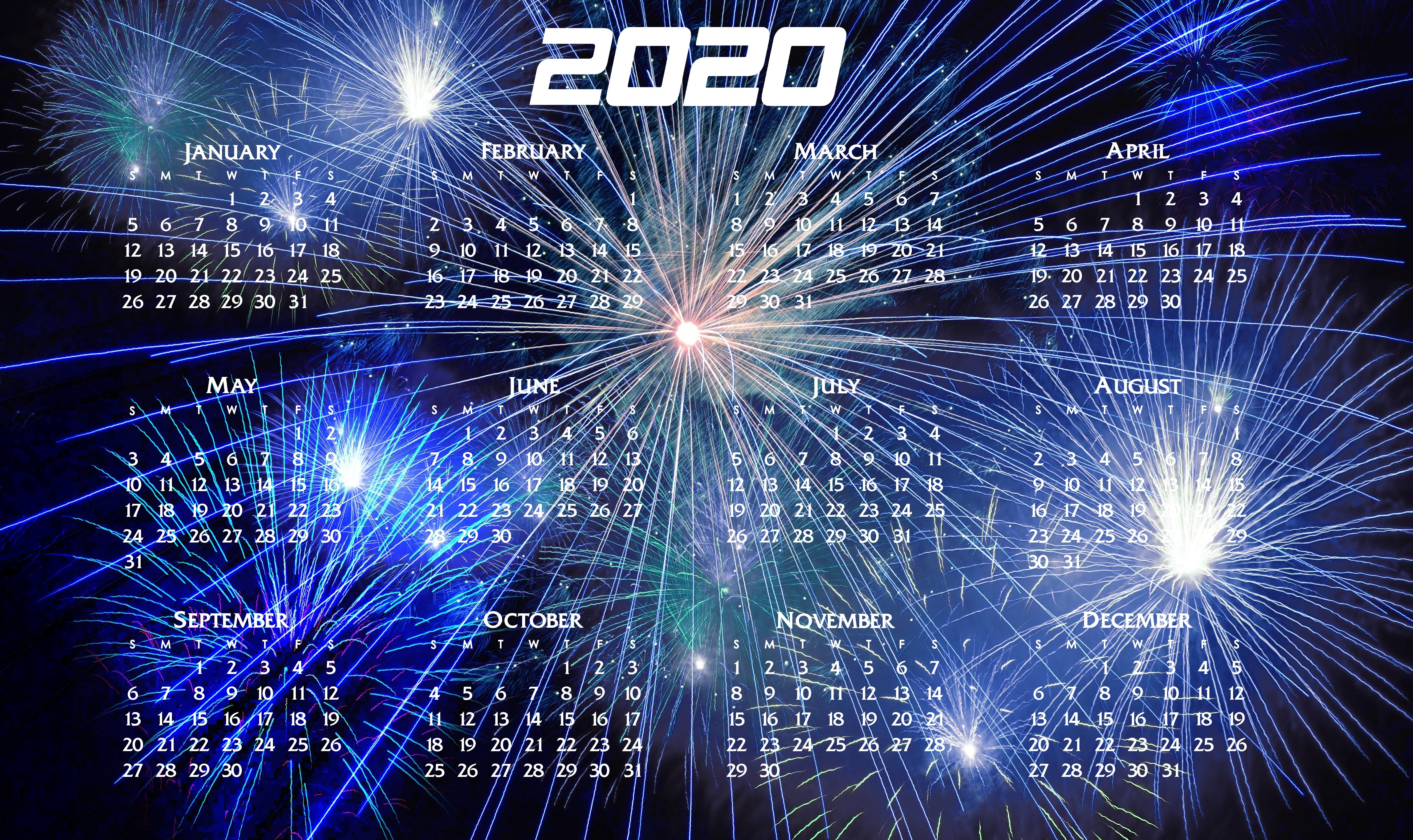 2020 Calendar with Fireworks HD Wallpaper