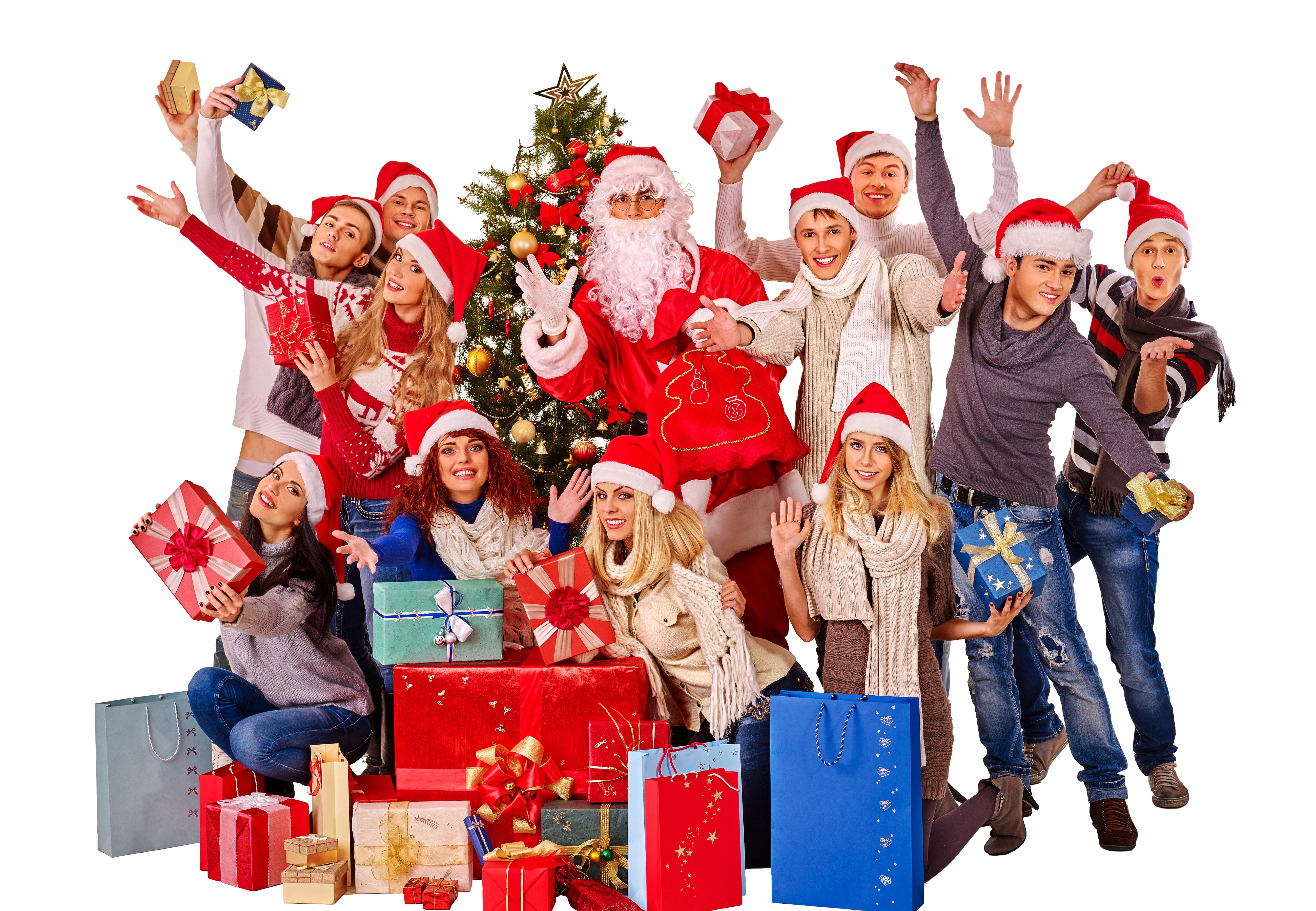 Santa Claus and group of people with Christmas gifts HD Wallpaper
