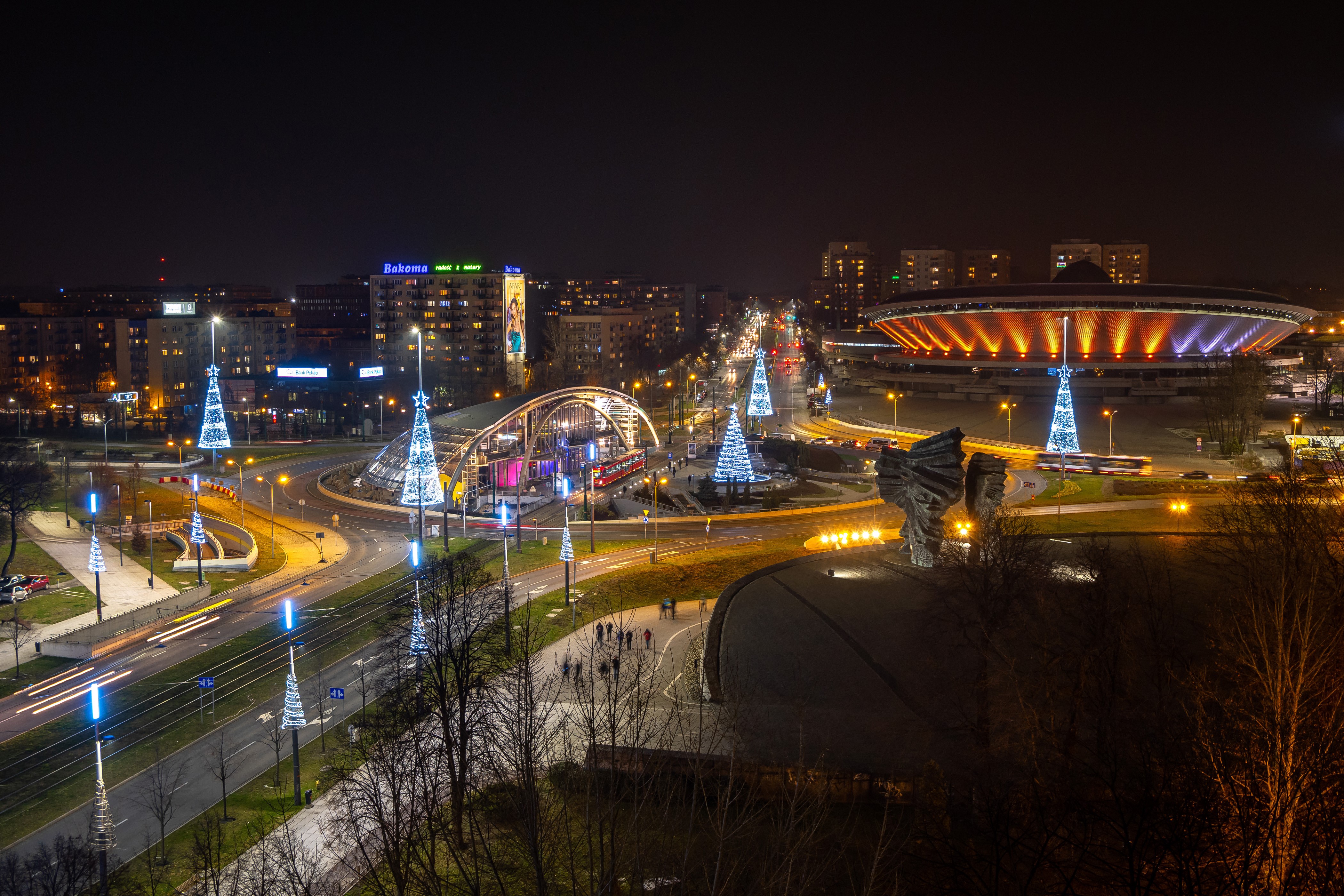 Katowice at Night with Christmas Decorations HD Wallpaper