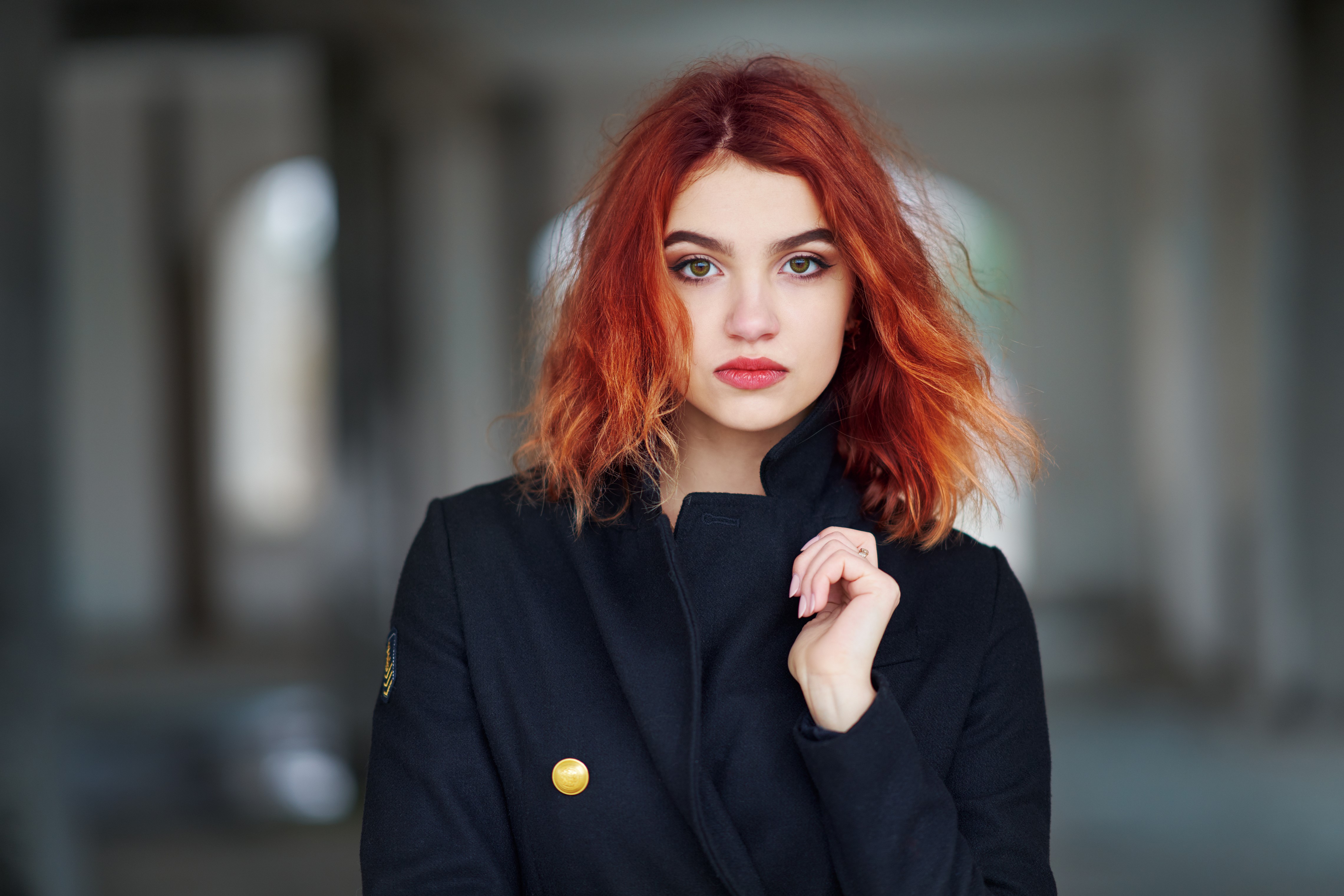 Redhead girl with red lips and black coat HD Wallpaper
