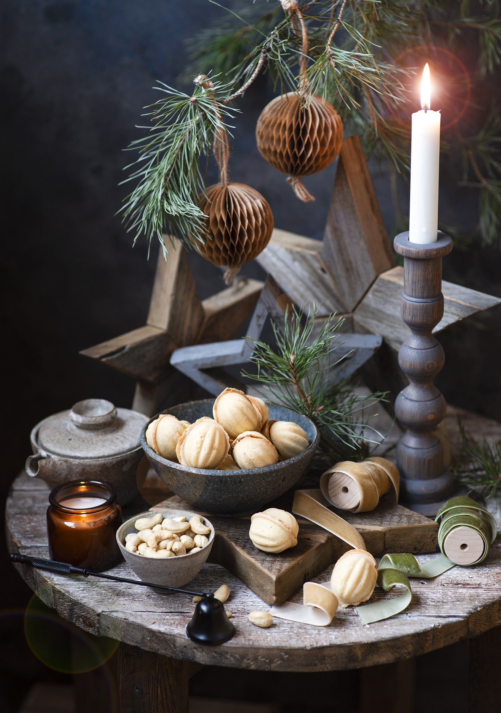 Christmas still-life with cookies, nuts, and candle HD Phone Wallpaper