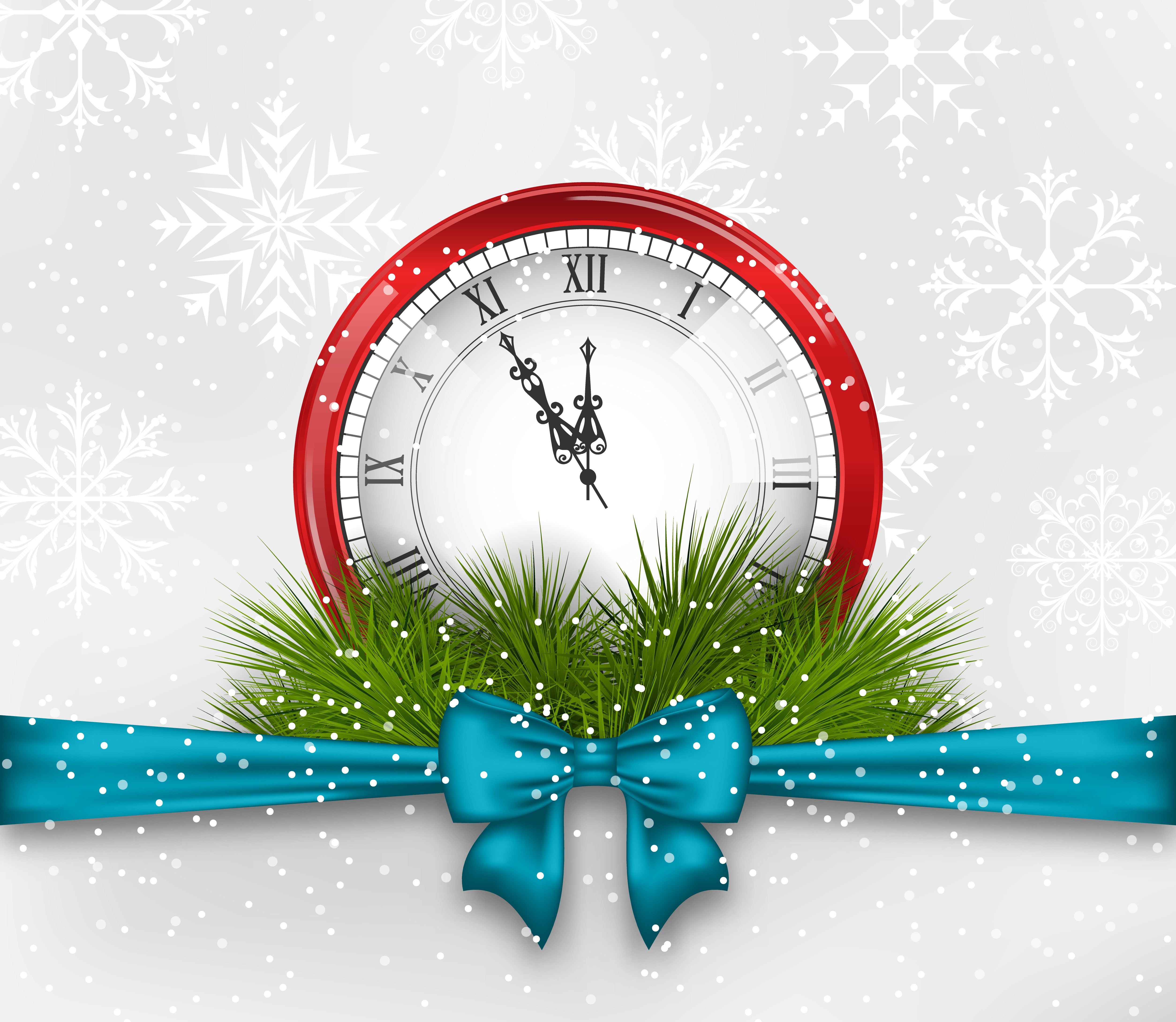 Christmas Clock with Pine and Ribbon HD Wallpaper