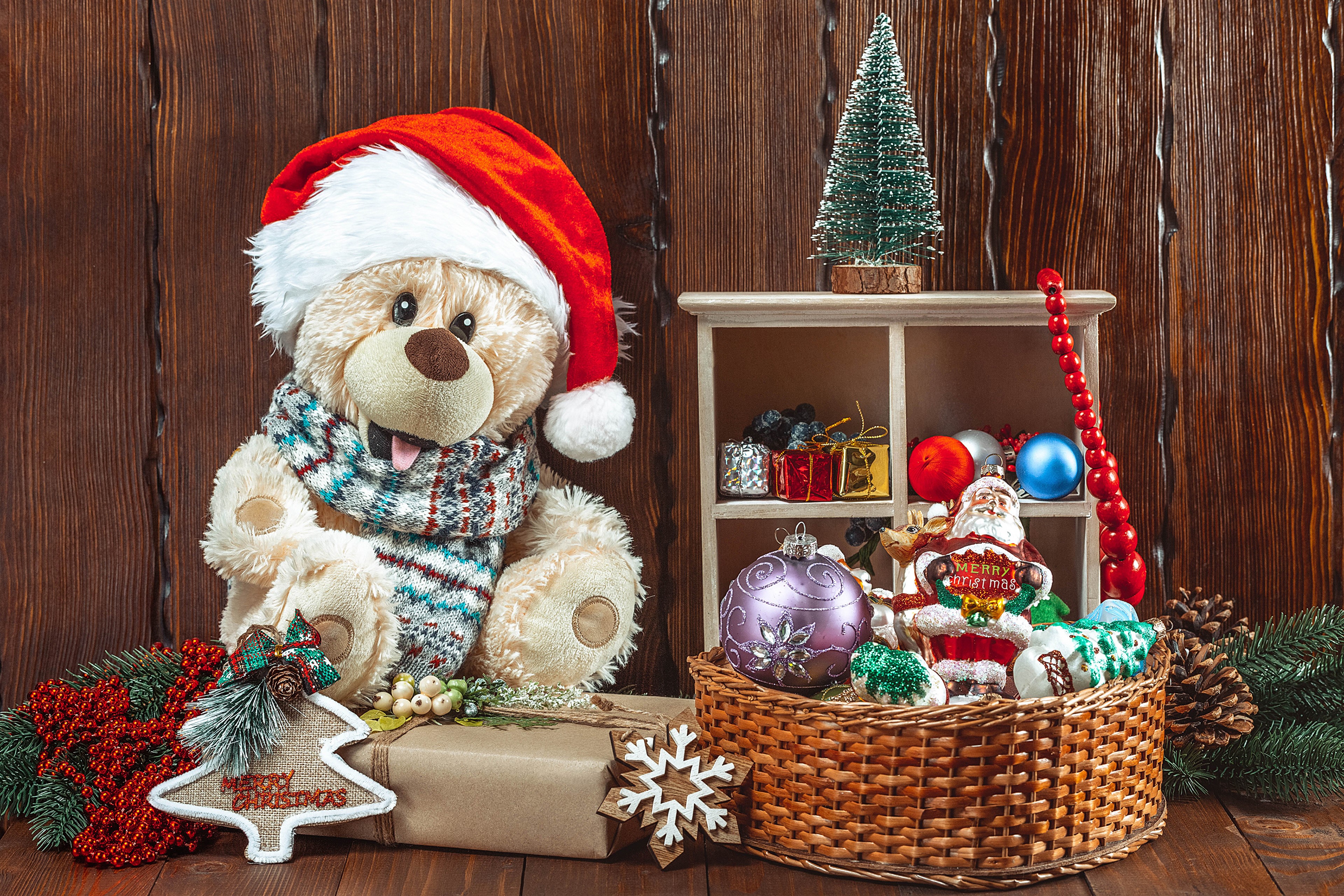 4K Christmas teddy bear with decorations HD Wallpaper
