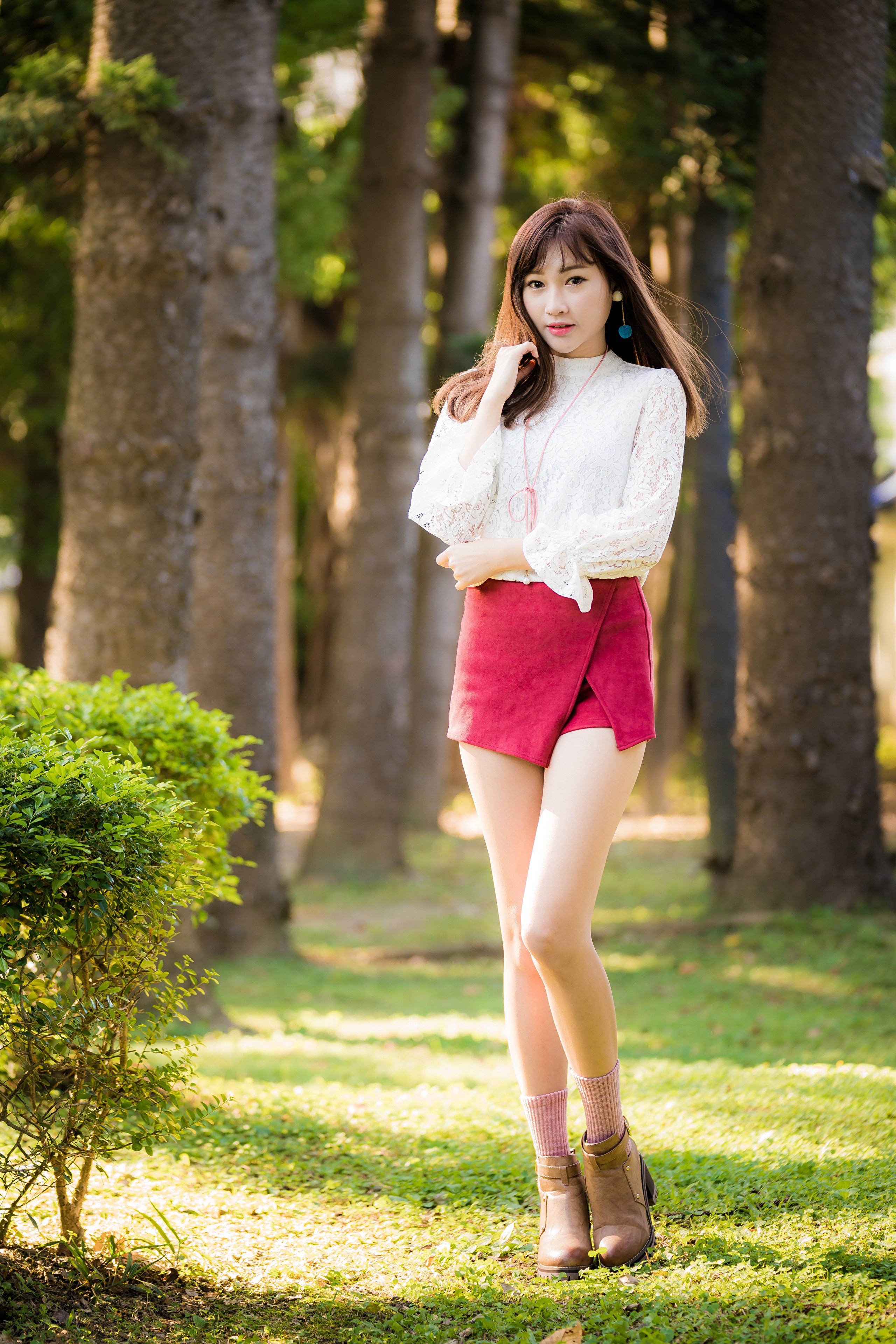 Asian Woman in White Blouse and Red Skirt HD Phone Wallpaper