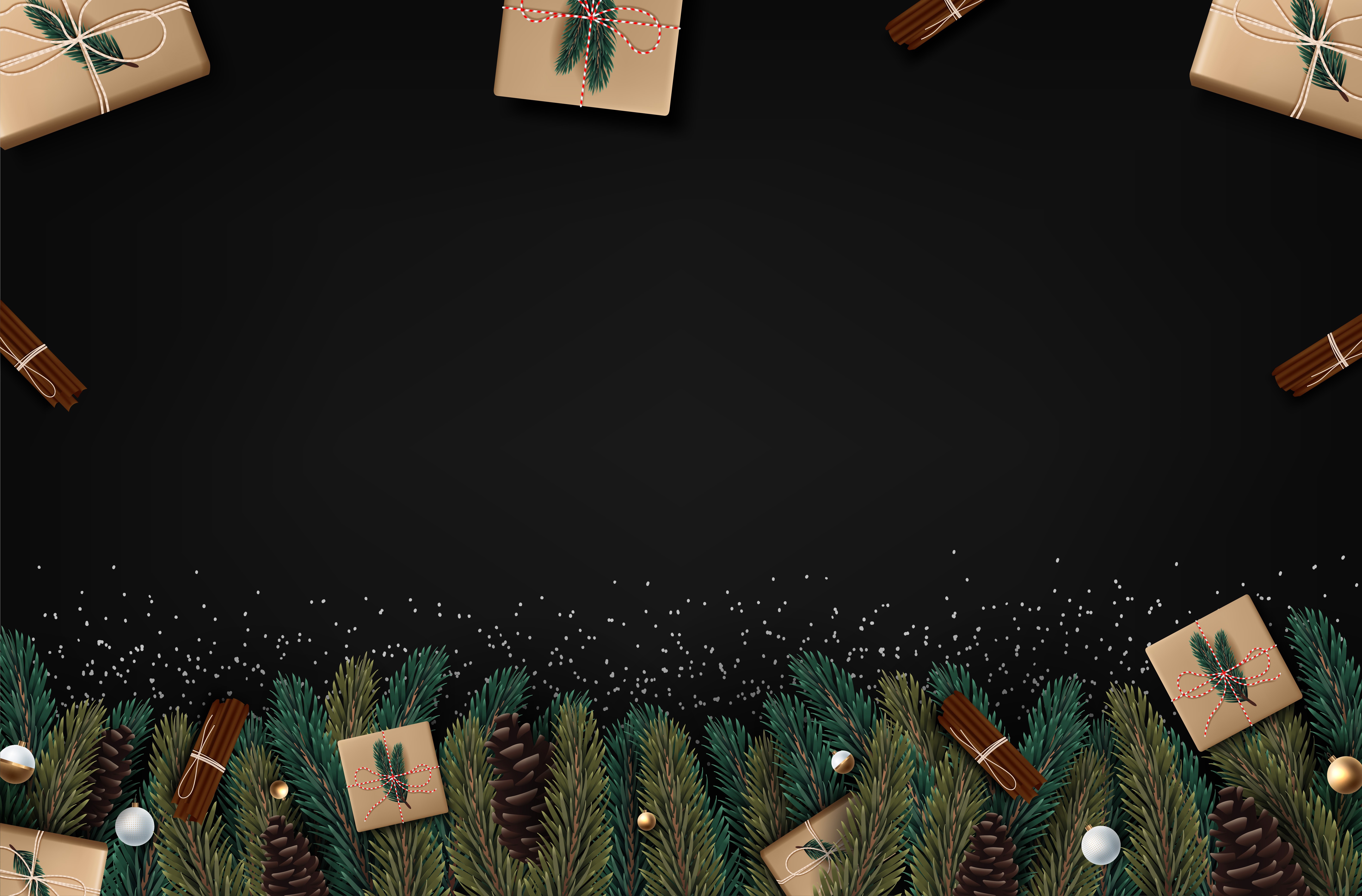 Christmas Gifts, Pine Cones, and Cinnamon Sticks on Black Background HD Wallpaper