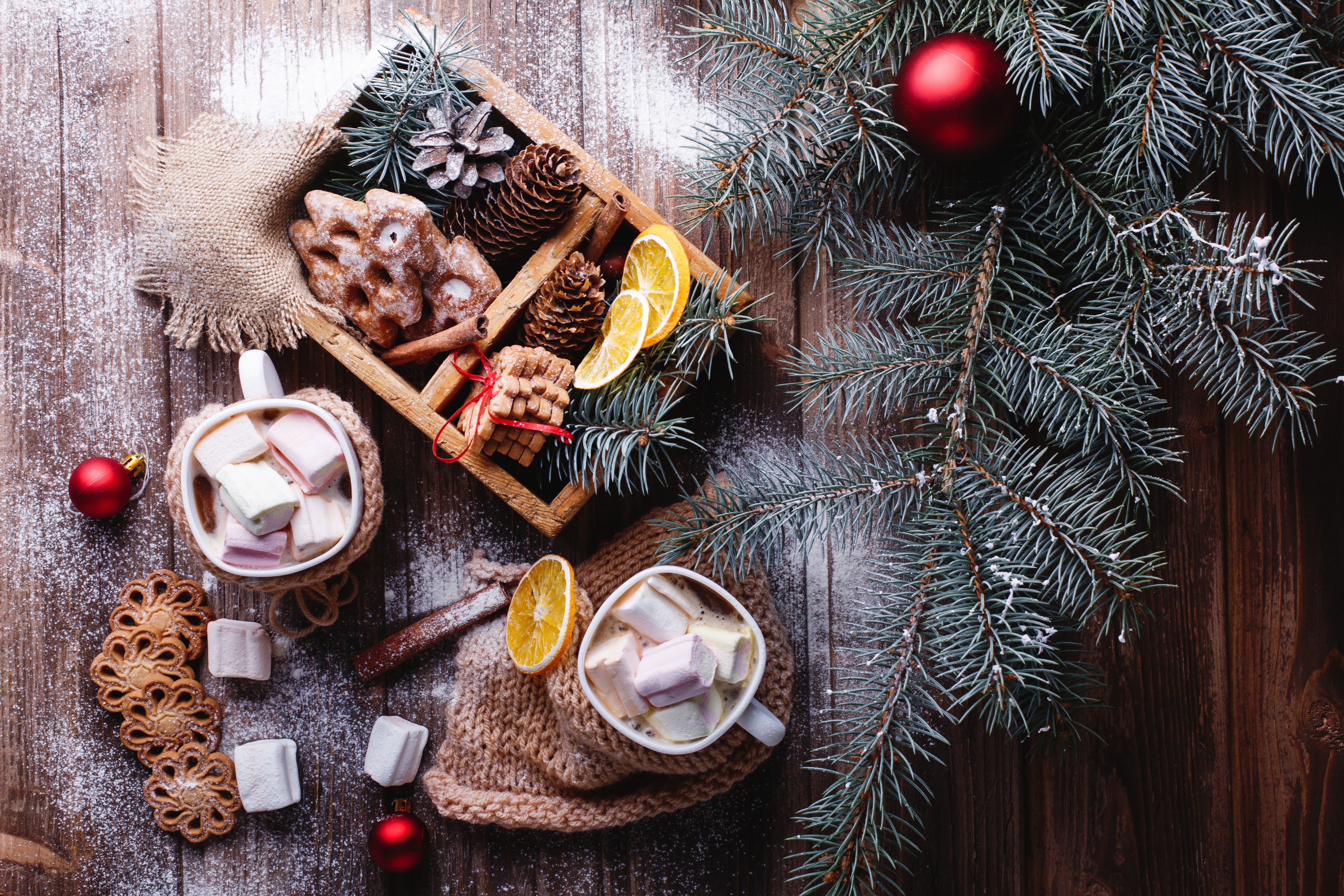 Christmas cookies and hot chocolate with marshmallows HD Wallpaper