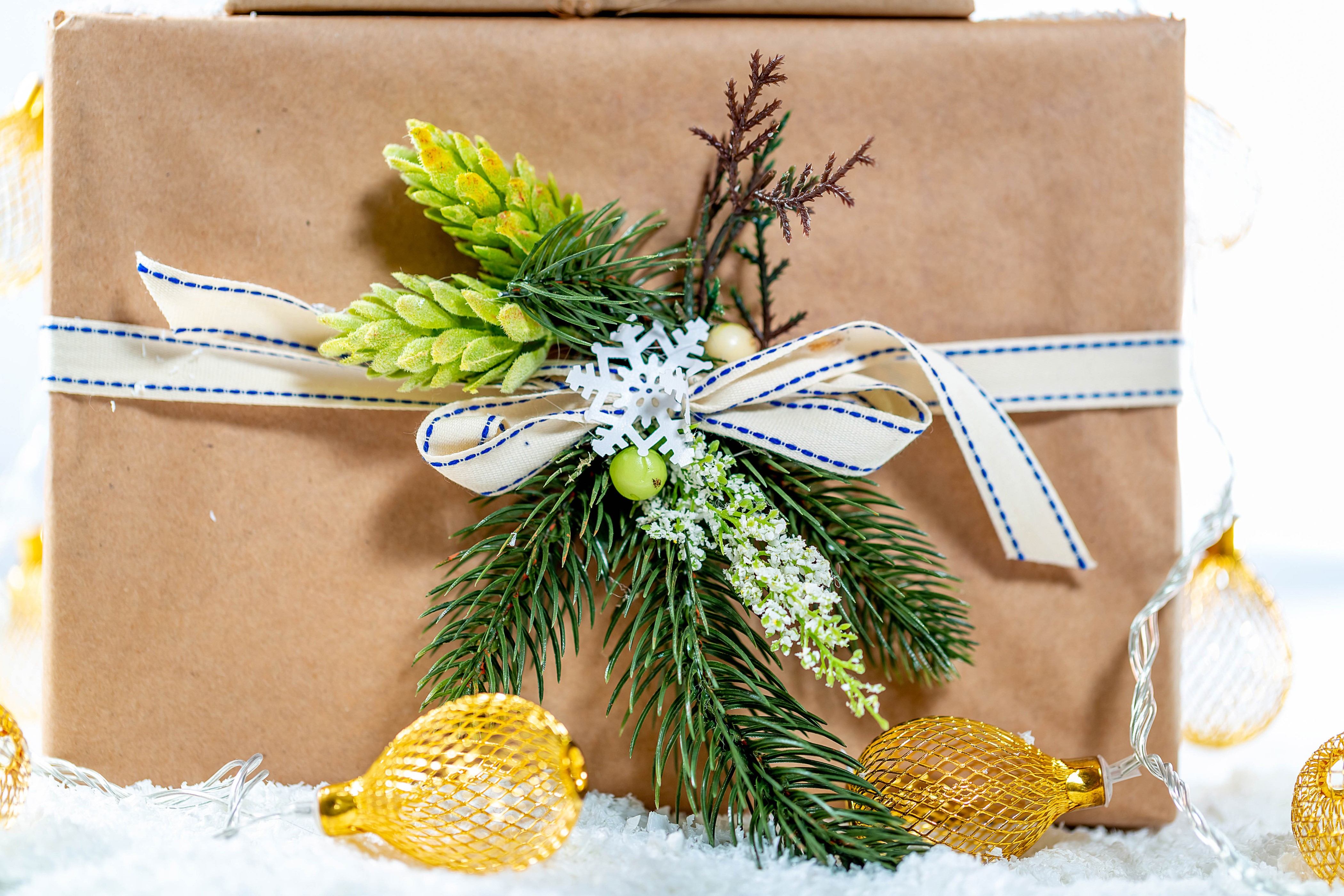 Christmas gift with pine branches and fairy lights HD Wallpaper