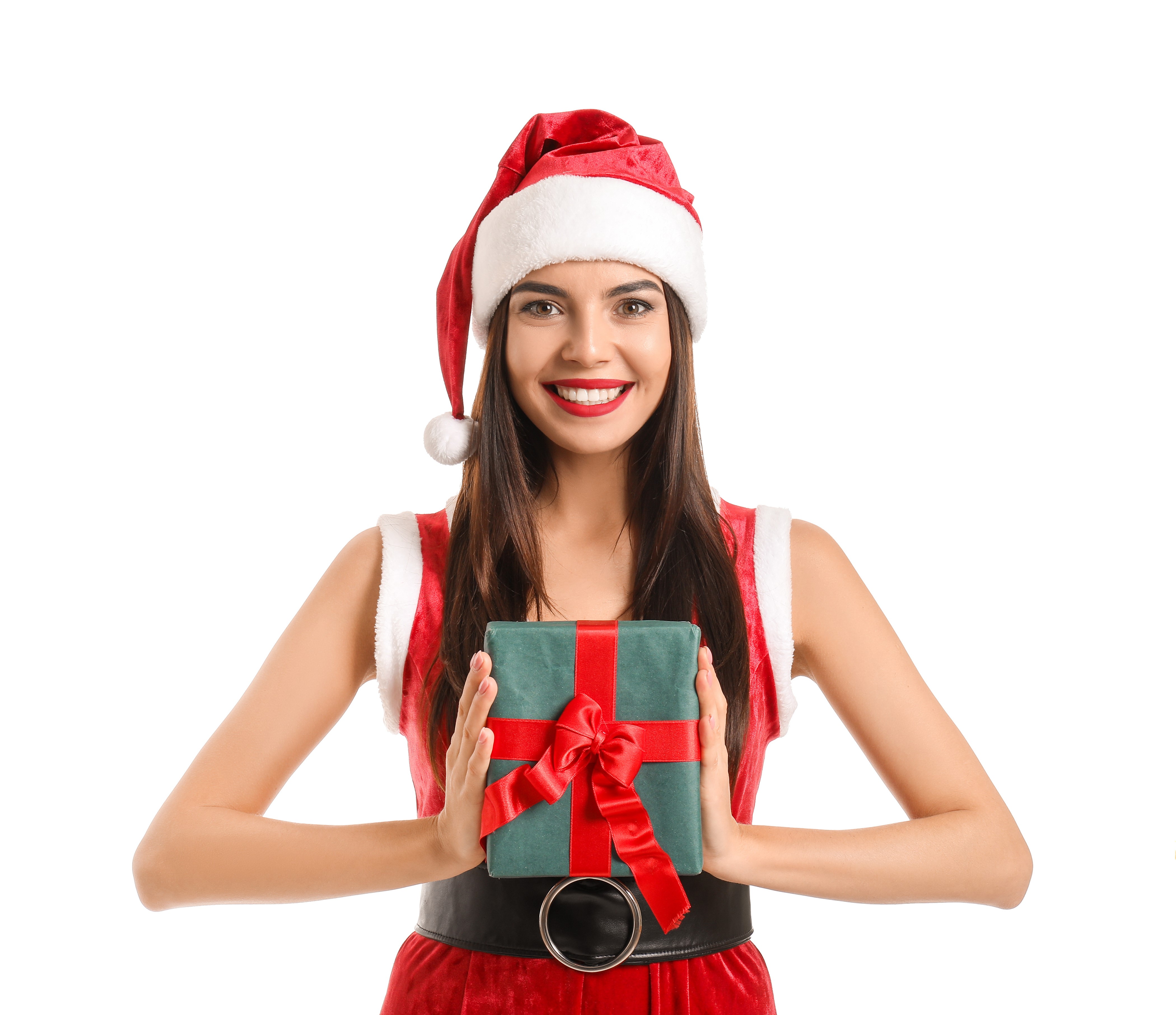 Woman in Santa hat holding a Christmas gift HD Wallpaper