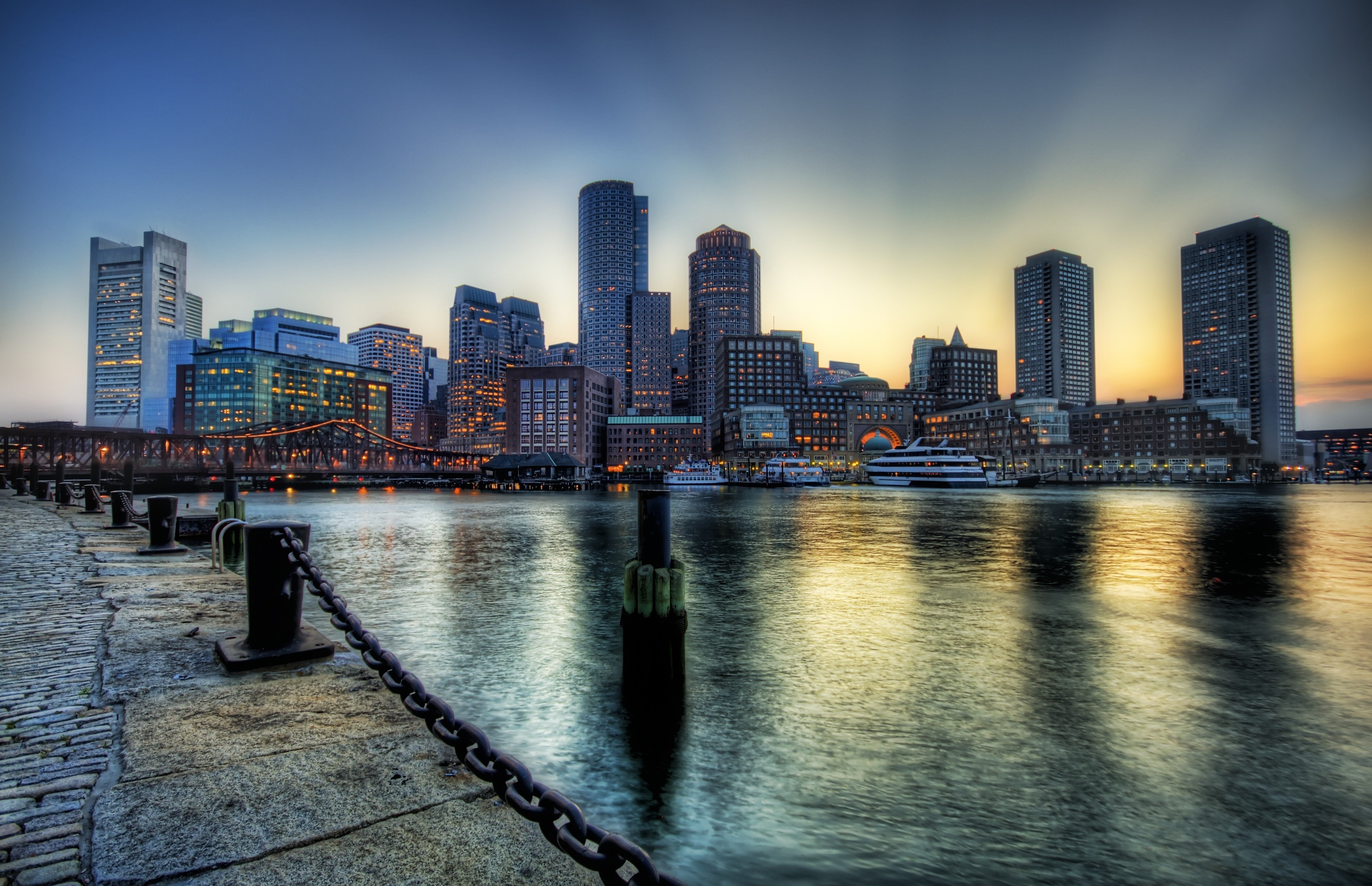 Boston Waterfront Skyline at Dusk HDR HD Wallpaper