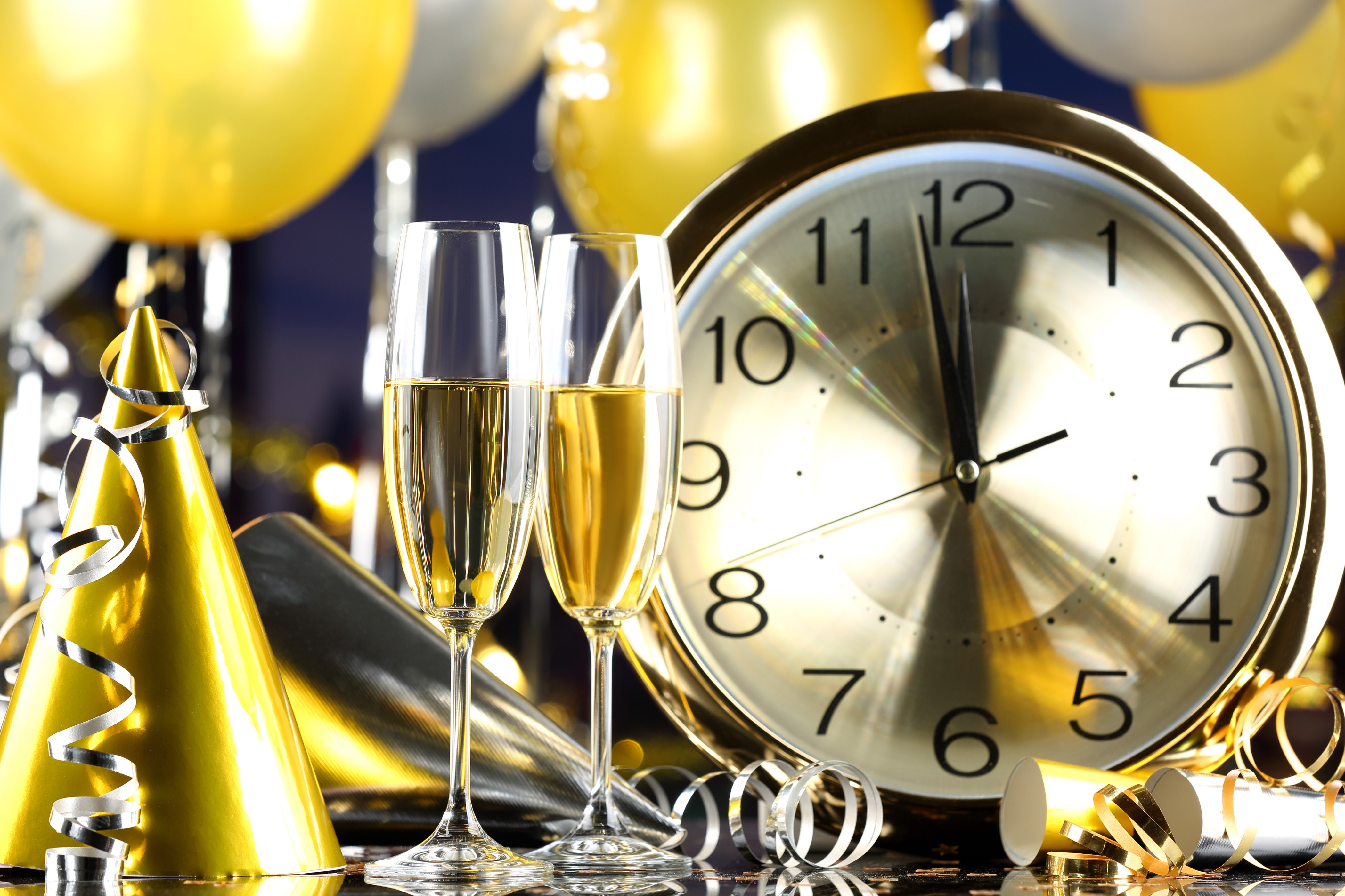 New Year's Eve Celebration with Champagne and Clock HD Wallpaper