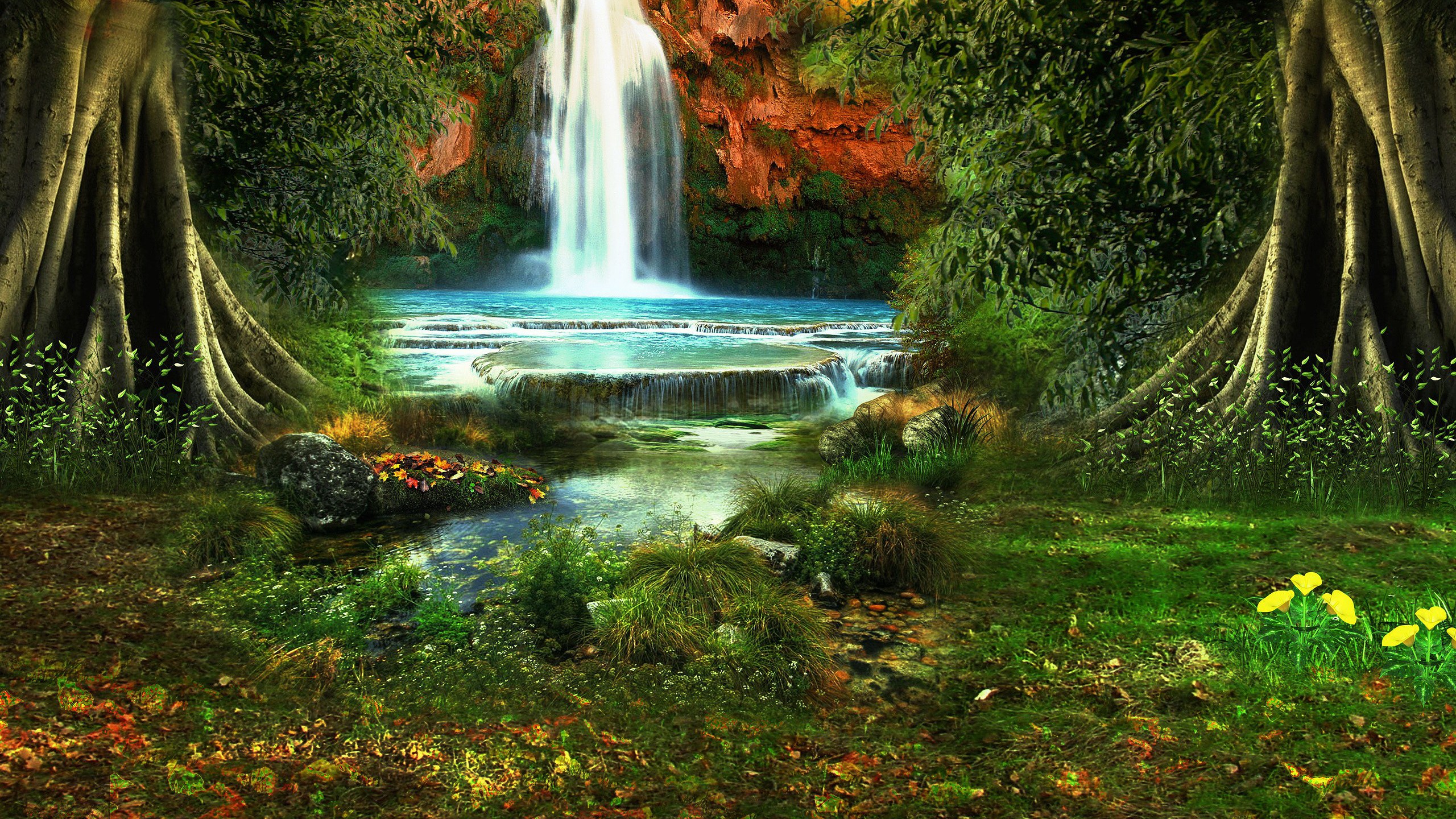 Enchanted Waterfall Forest with Large Trees HD Wallpaper