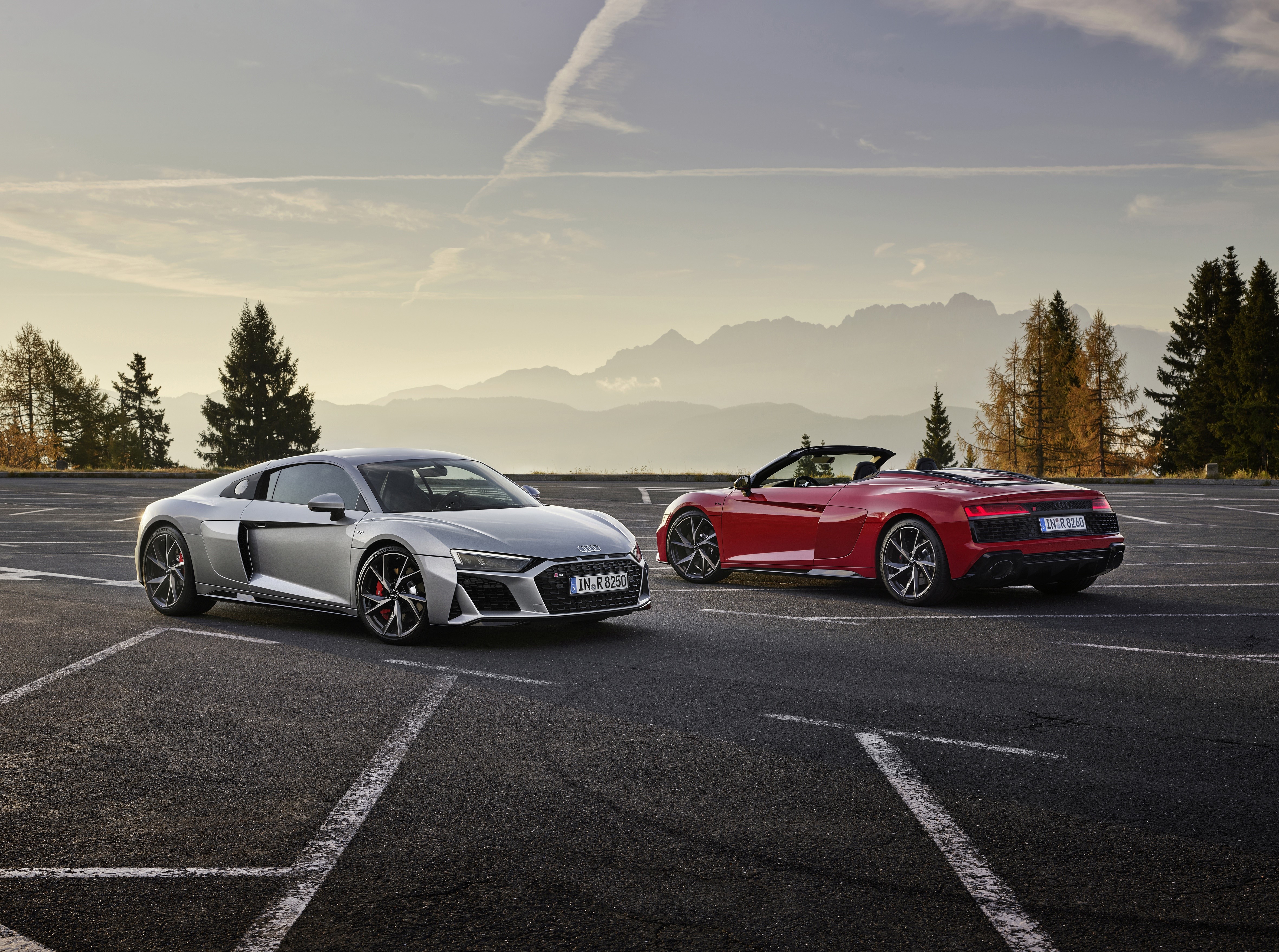 Audi R8 Spyder and Coupe in Parking Lot HD Wallpaper