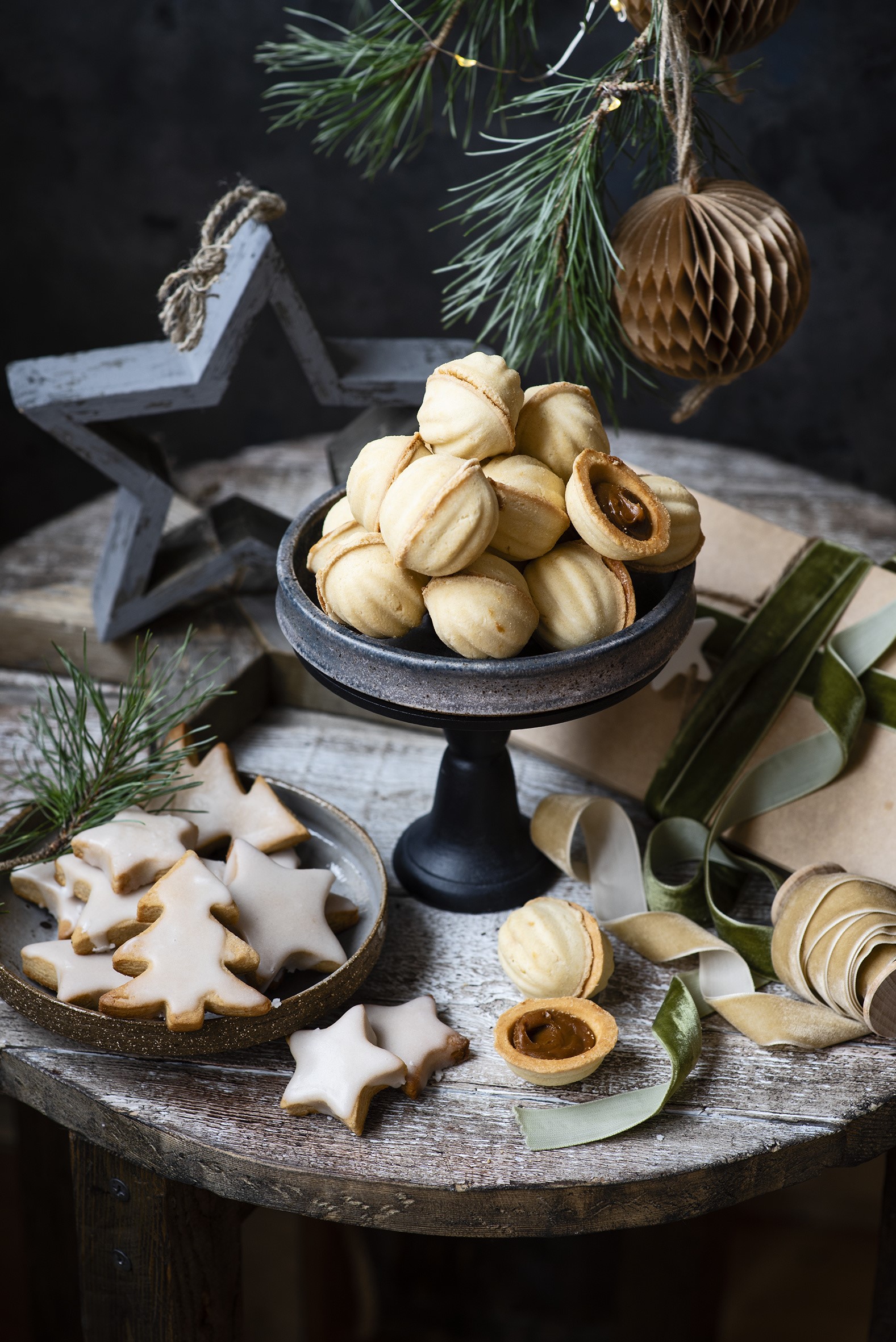 Christmas cookies and decorations on a wooden table HD Phone Wallpaper