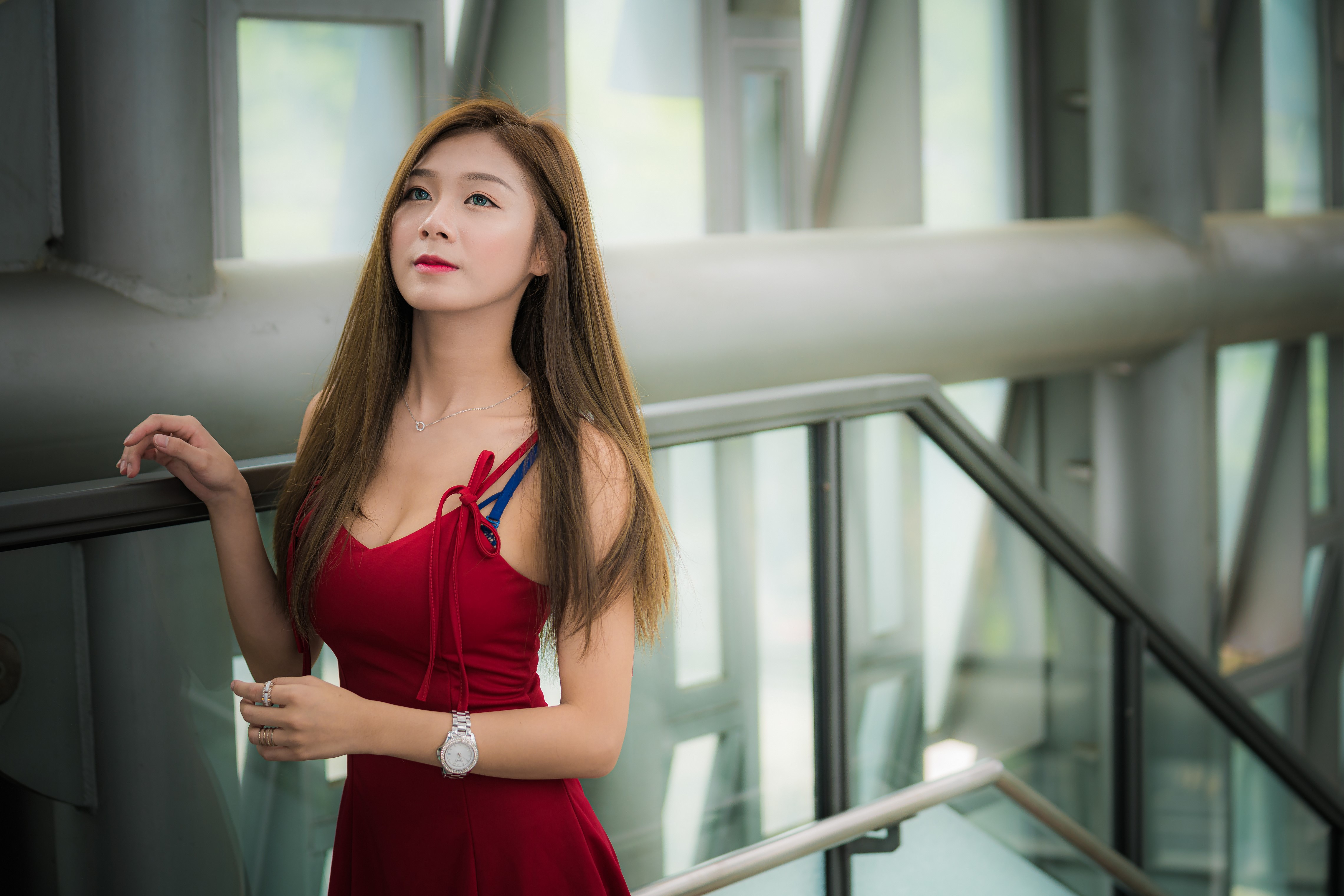 Asian woman in red dress with brown hair HD Wallpaper