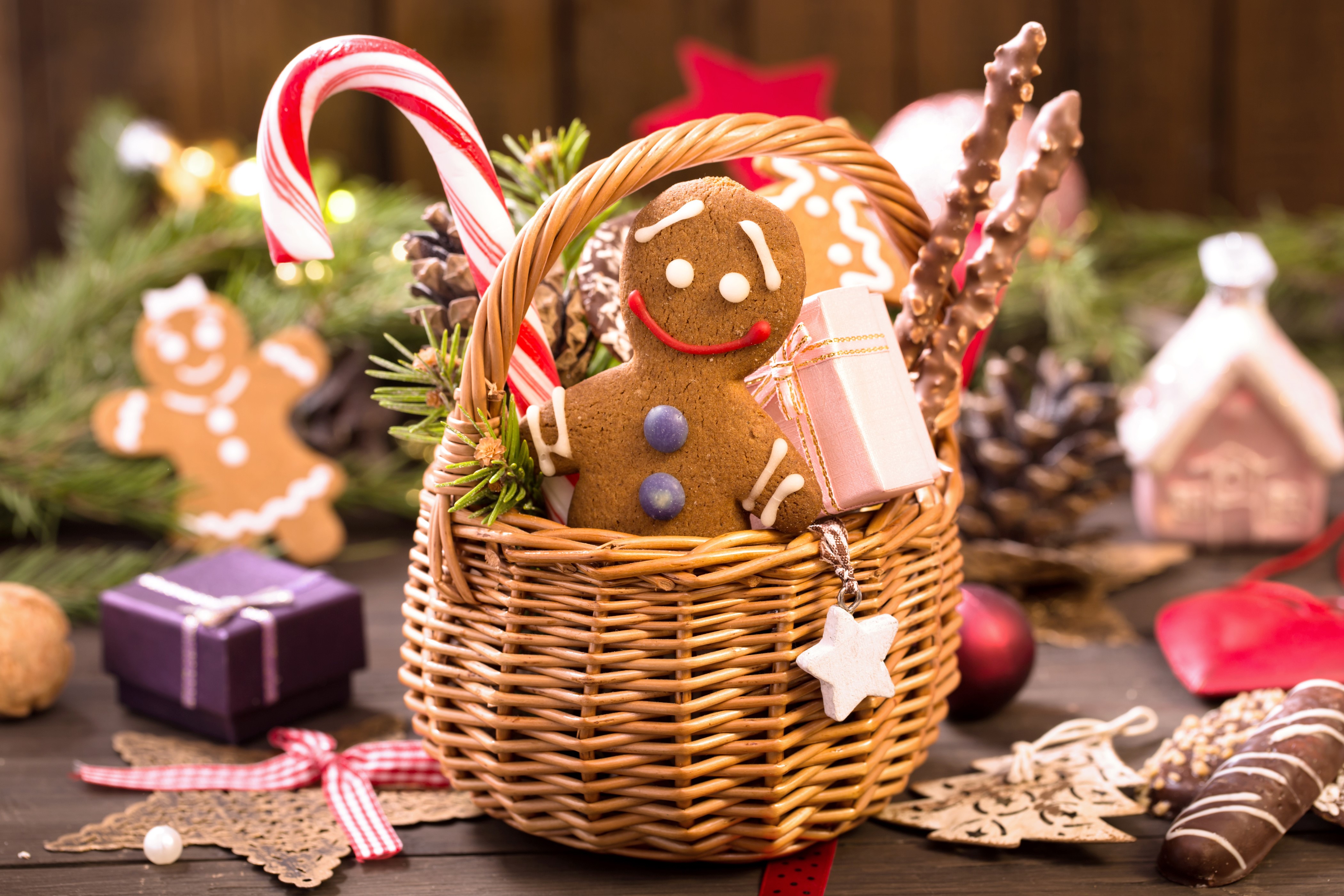 Christmas basket with gingerbread cookies and candy canes HD Wallpaper