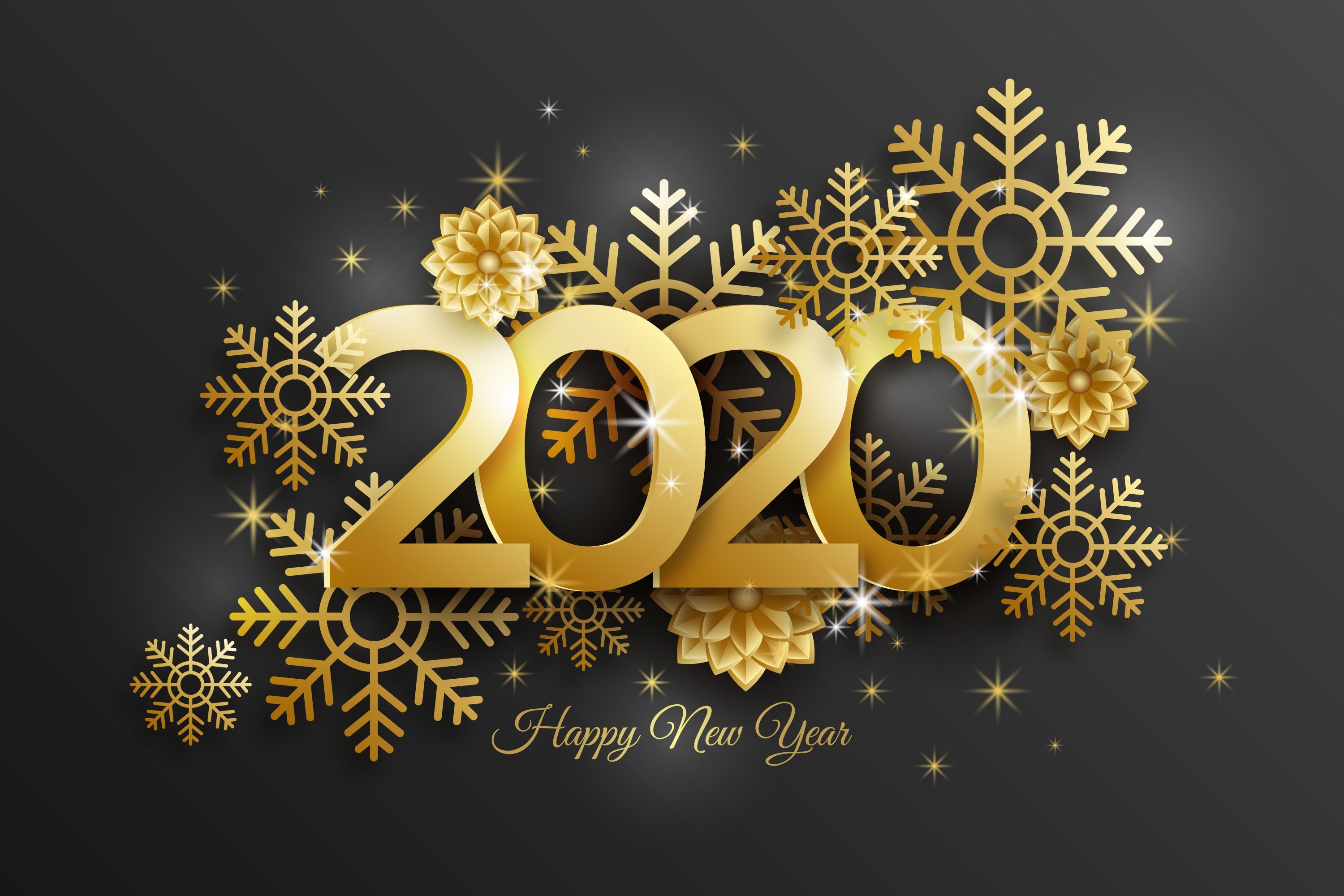Happy New Year 2020 Gold Snowflakes HD Wallpaper