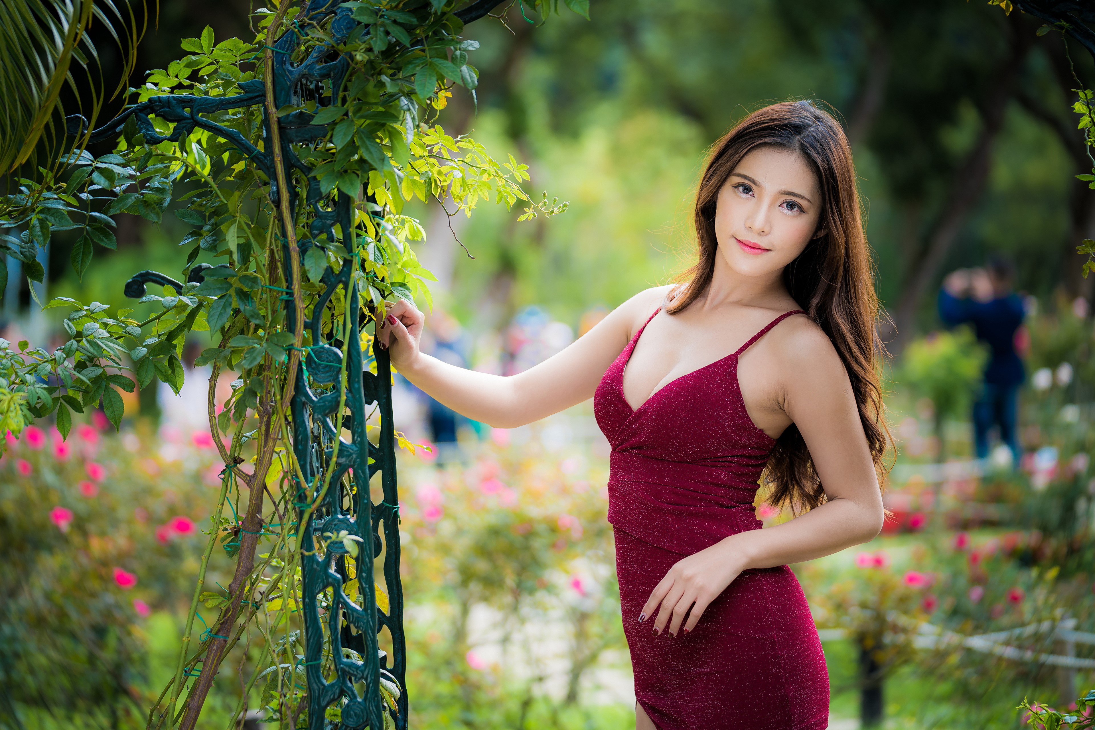 4K Asian Woman in Elegant Burgundy Dress HD Wallpaper