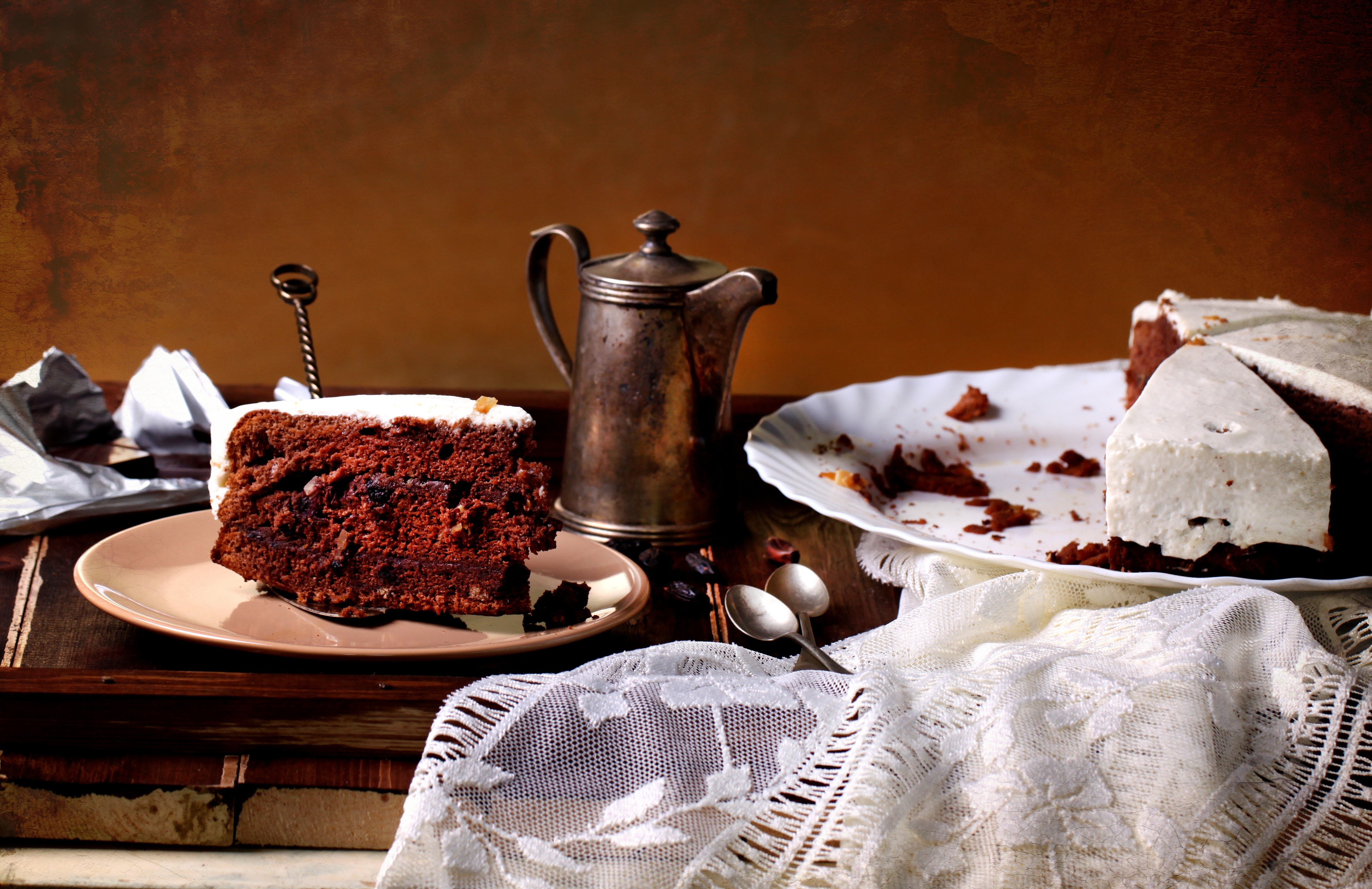 Chocolate cake slices with coffee pot and lace HD Wallpaper