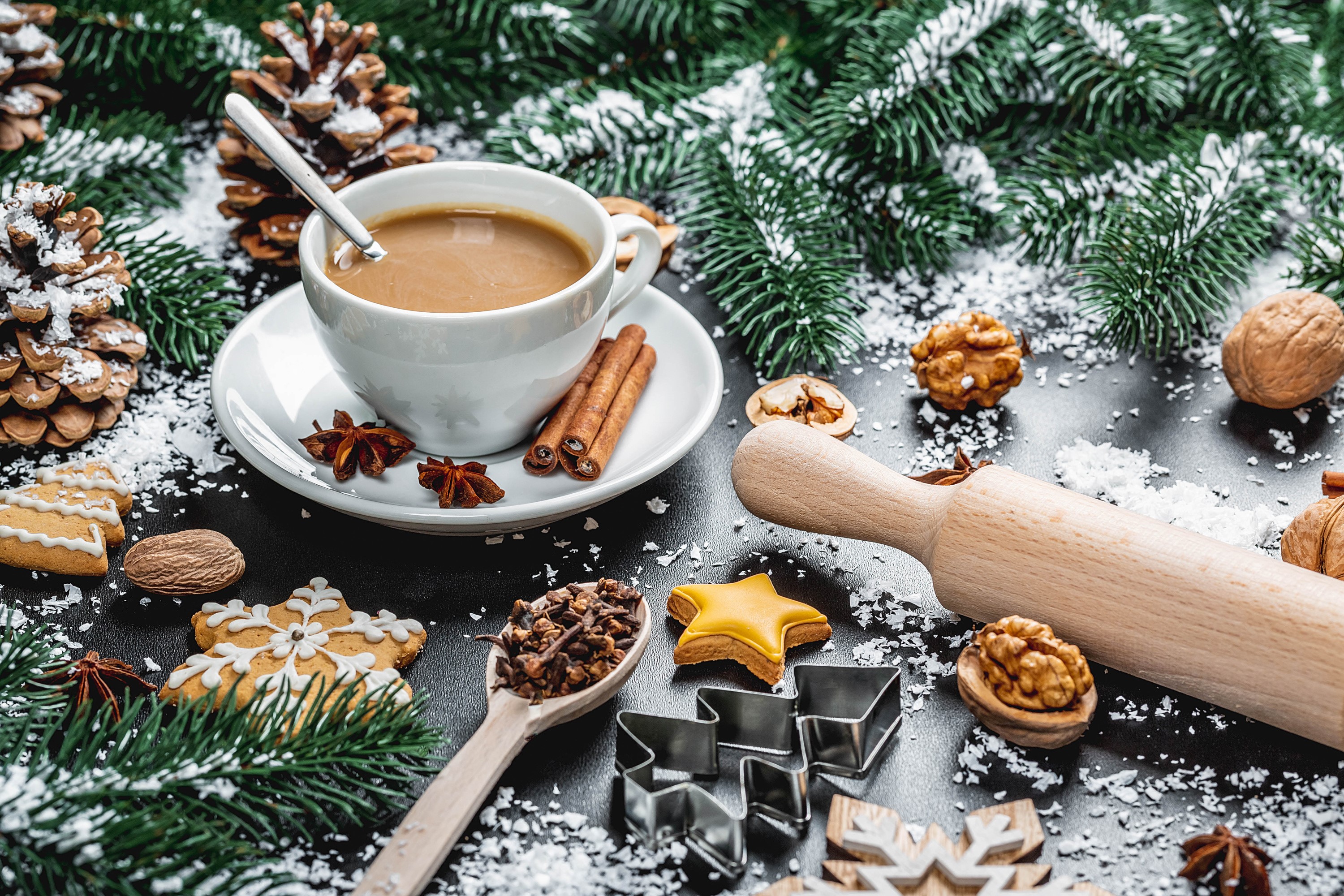Christmas cookies, coffee, and spices with pine branches HD Wallpaper