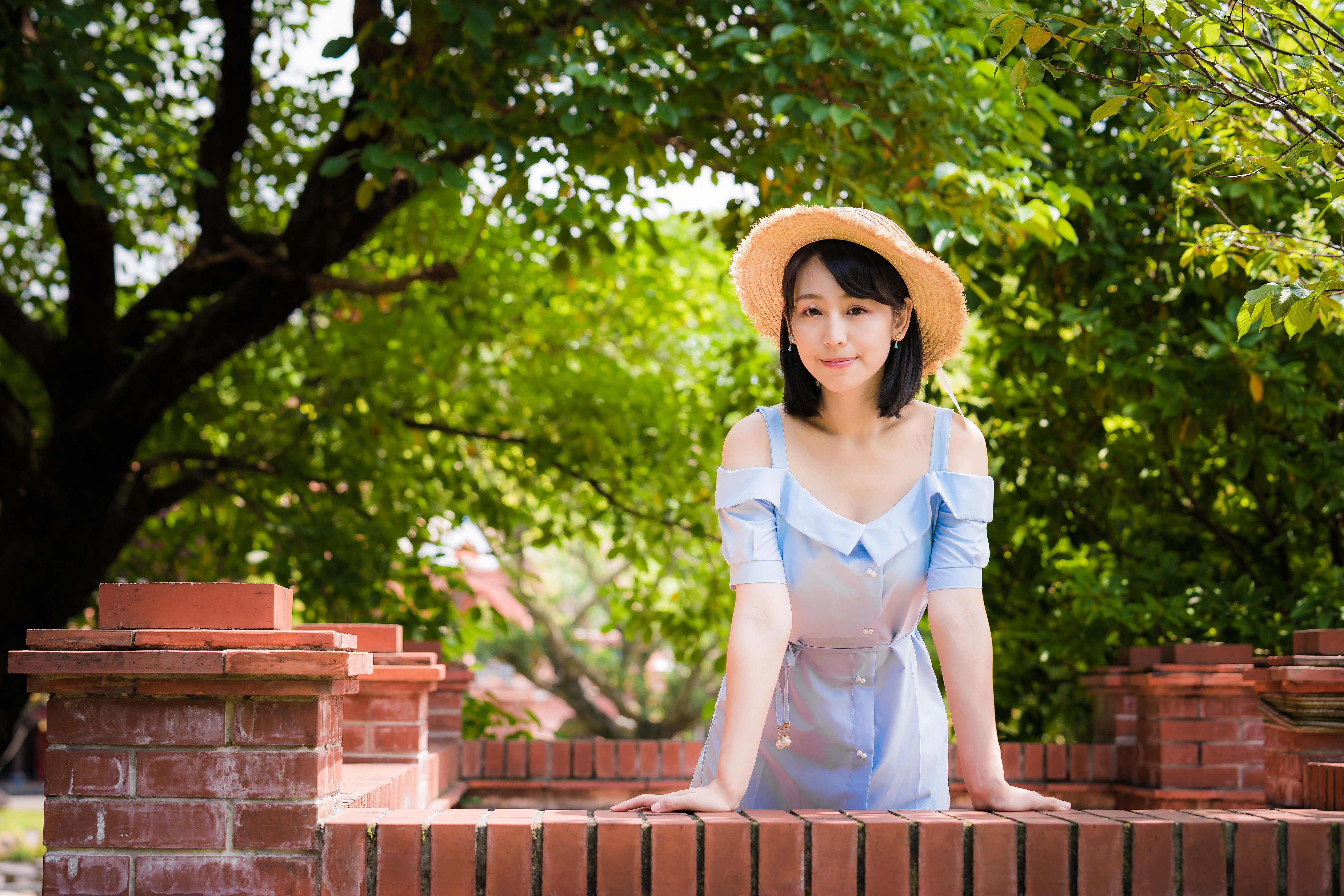 Asian girl in a blue dress and straw hat HD Wallpaper