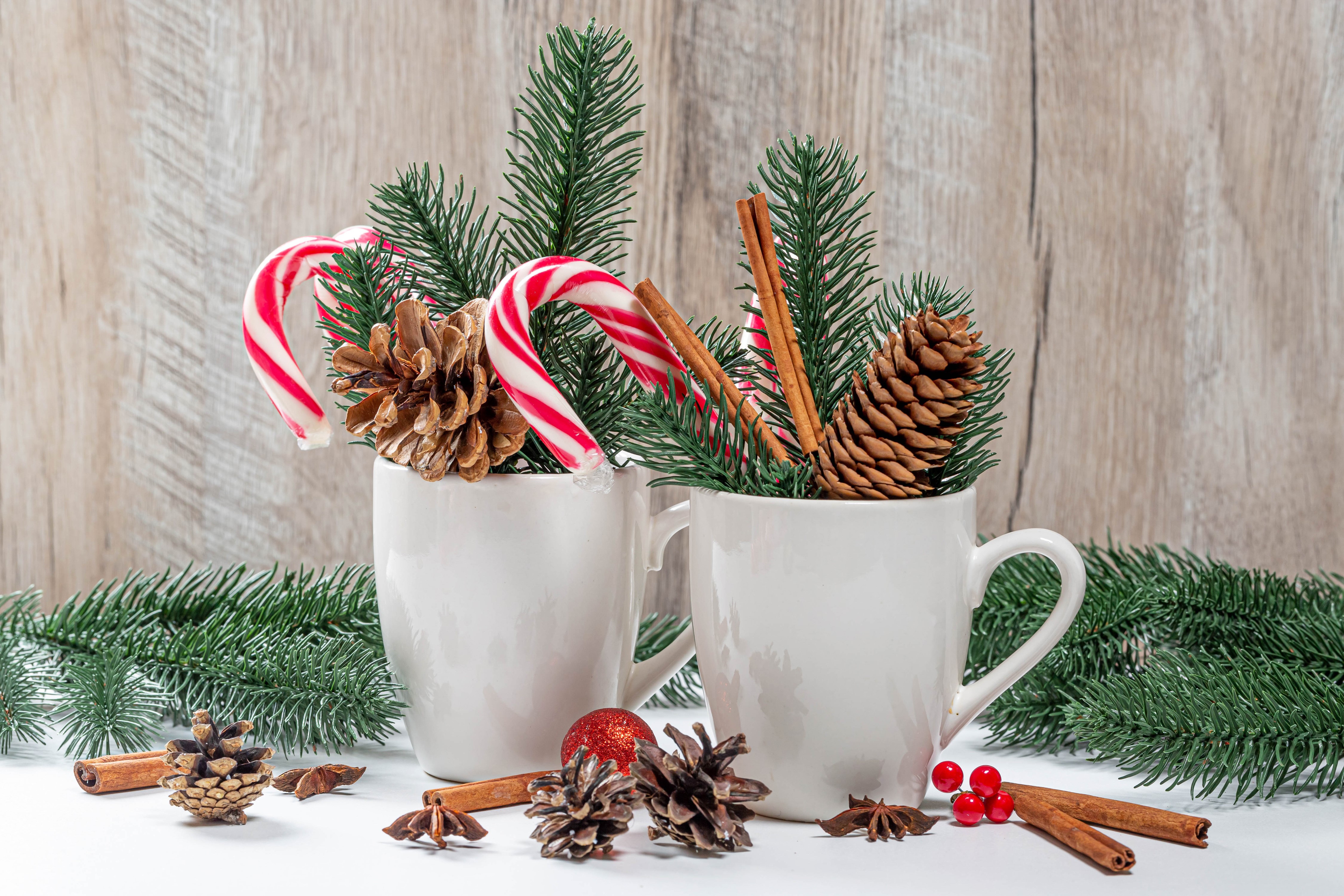Christmas Mugs with Candy Canes and Pine Cones HD Wallpaper