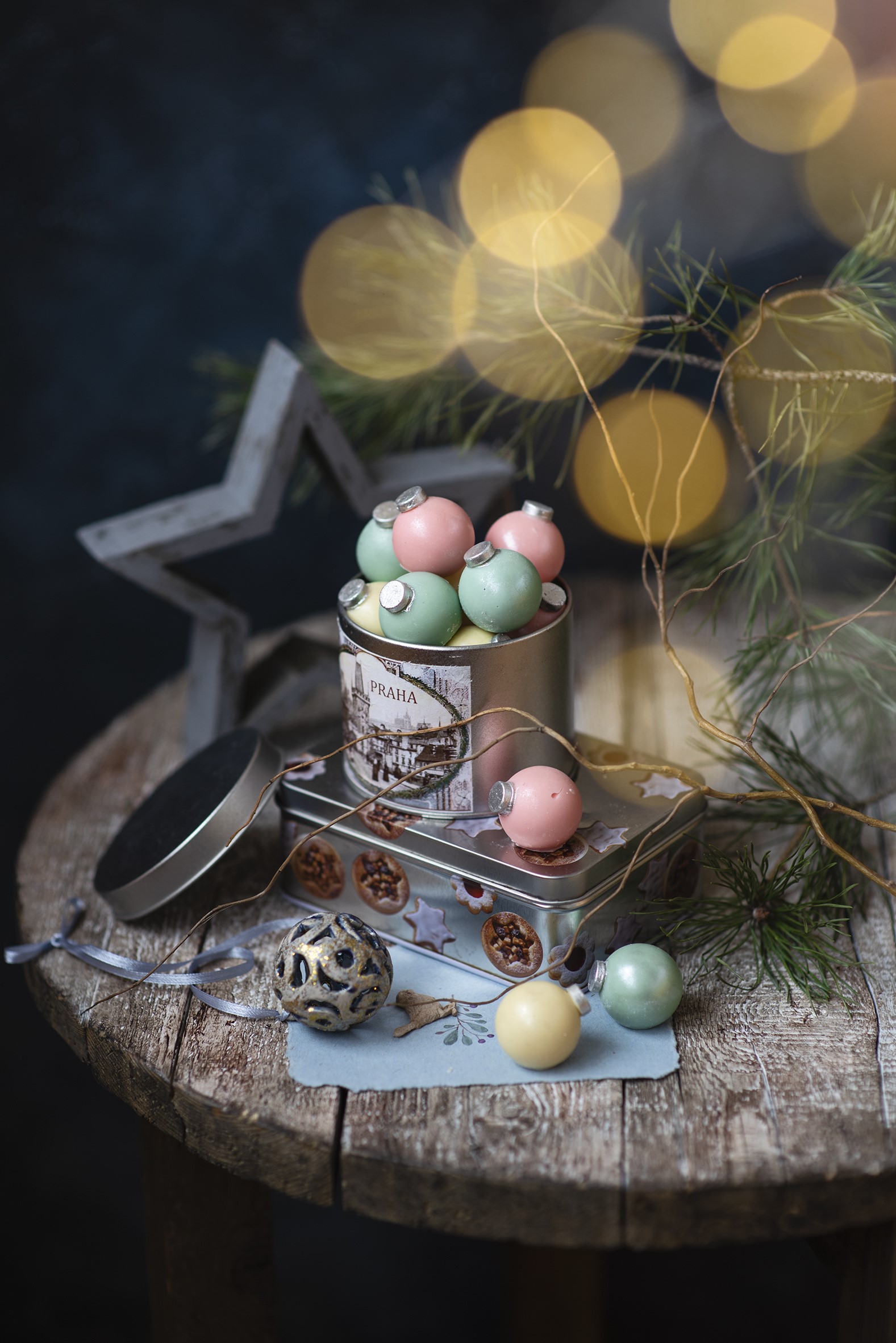 Christmas ornaments and star decoration on a wooden table HD Phone Wallpaper