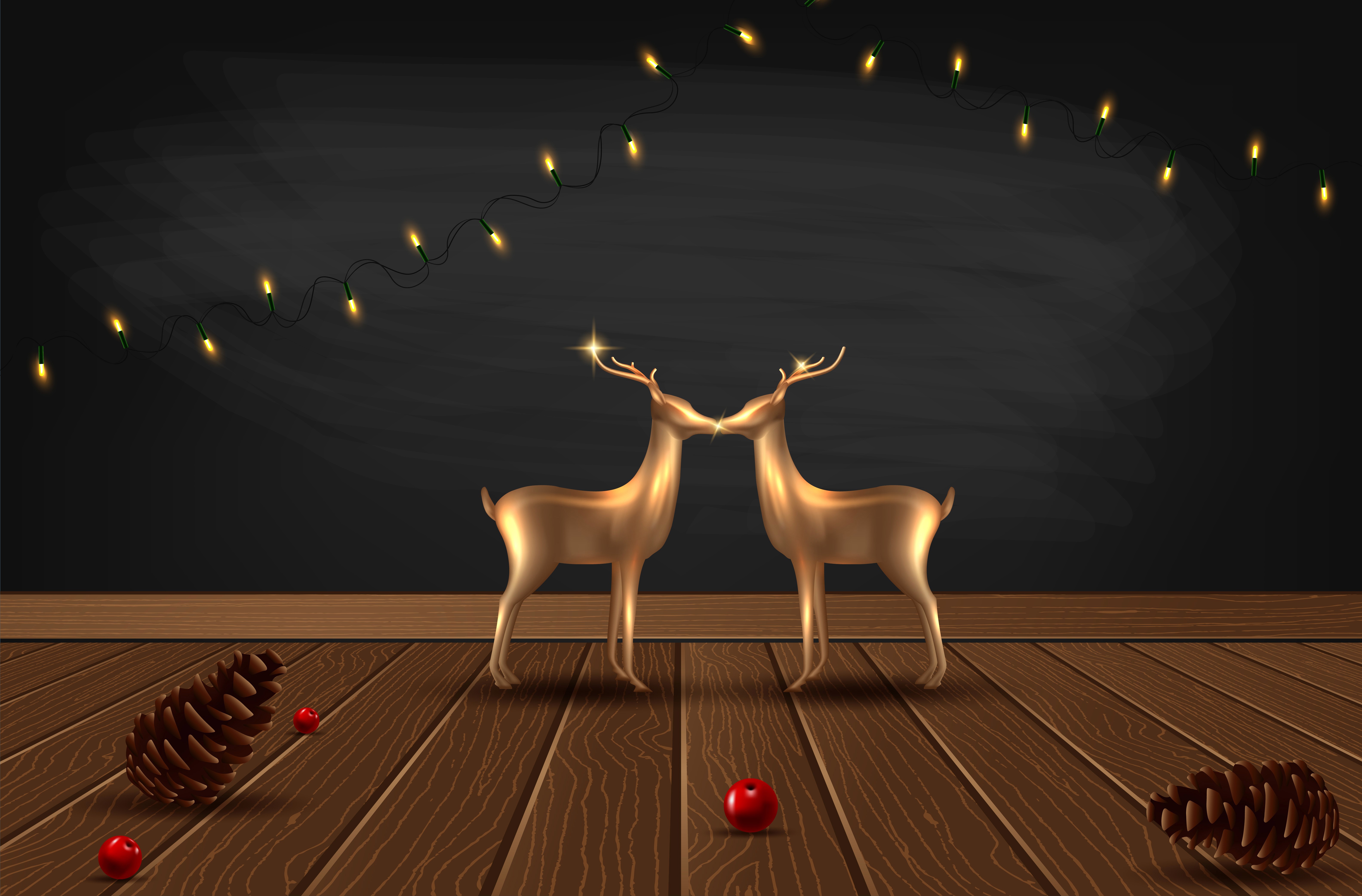 Christmas Deer with Fairy Lights on Wood Planks HD Wallpaper