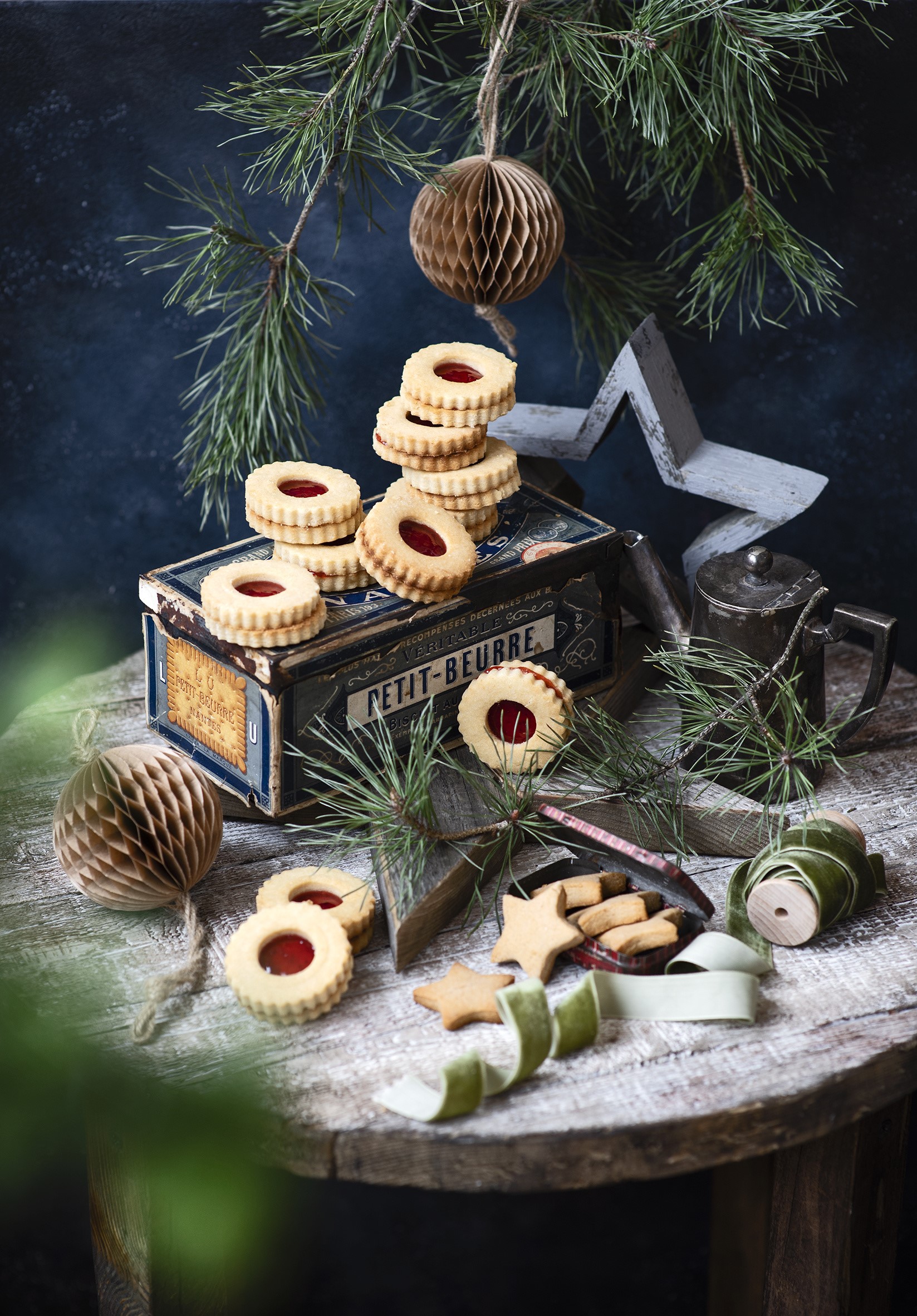Christmas cookies on a rustic table with pine branches HD Phone Wallpaper