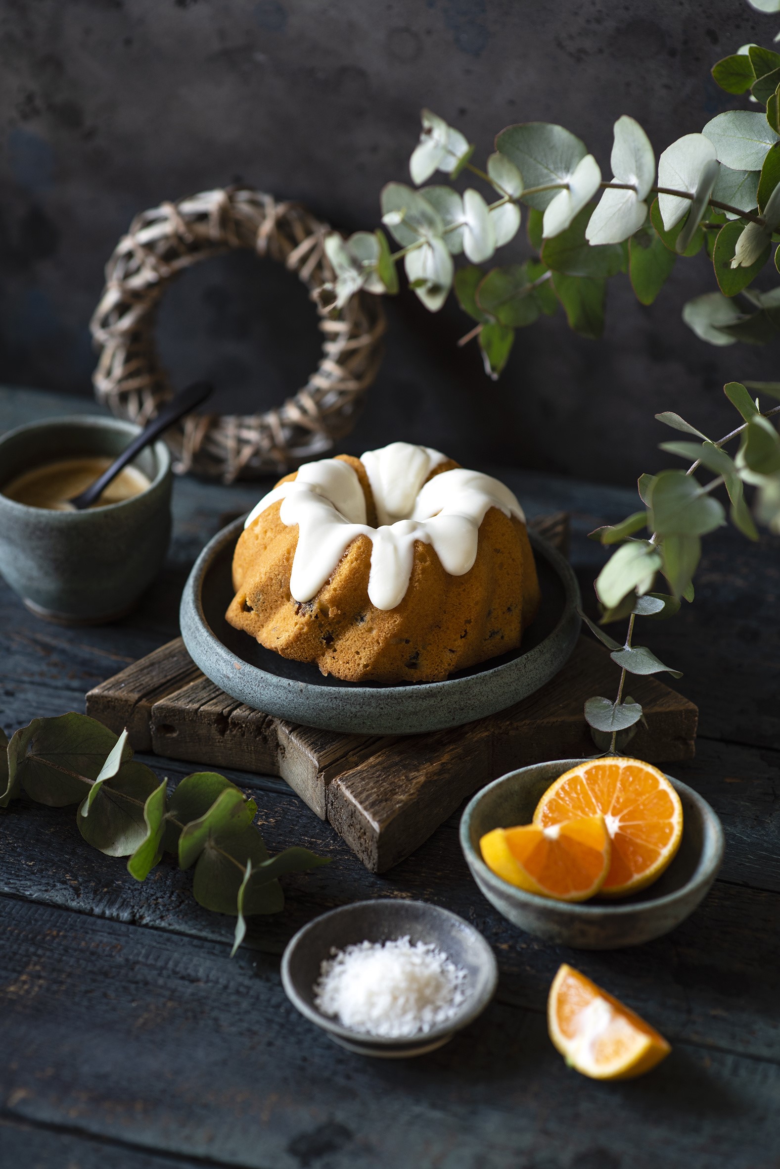 Bundt cake with orange slices and coffee HD Phone Wallpaper